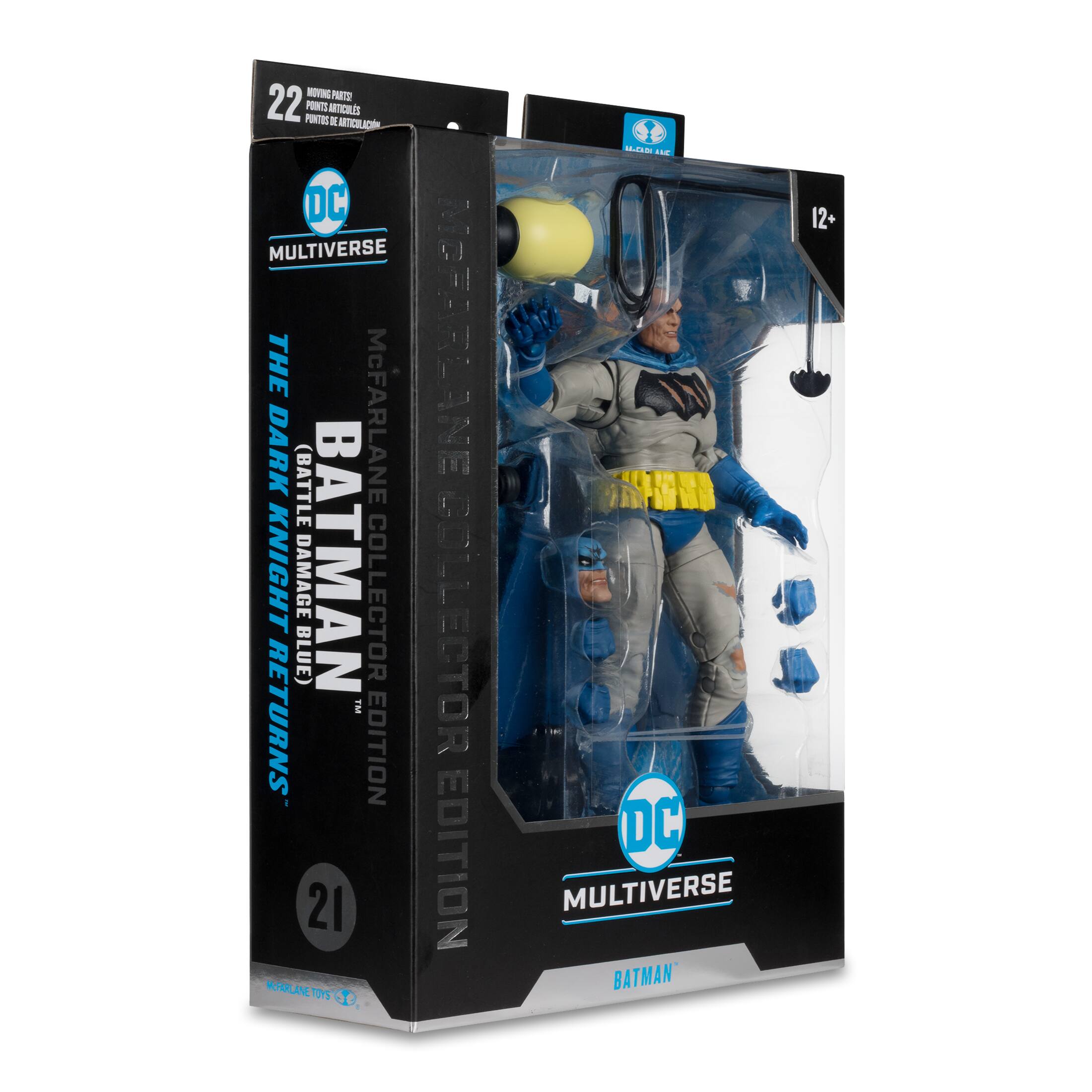 The image features a box containing a DC Multiverse Batman figure. The figure is wearing a blue and yellow costume and is posed in a dynamic stance. The box is designed to protect the figure during transportation and storage. The figure is part of a collector's edition, which includes a 21-edition Batman collector's set. The packaging showcases the figure and its accessories, making it an attractive display for fans of the Batman franchise.