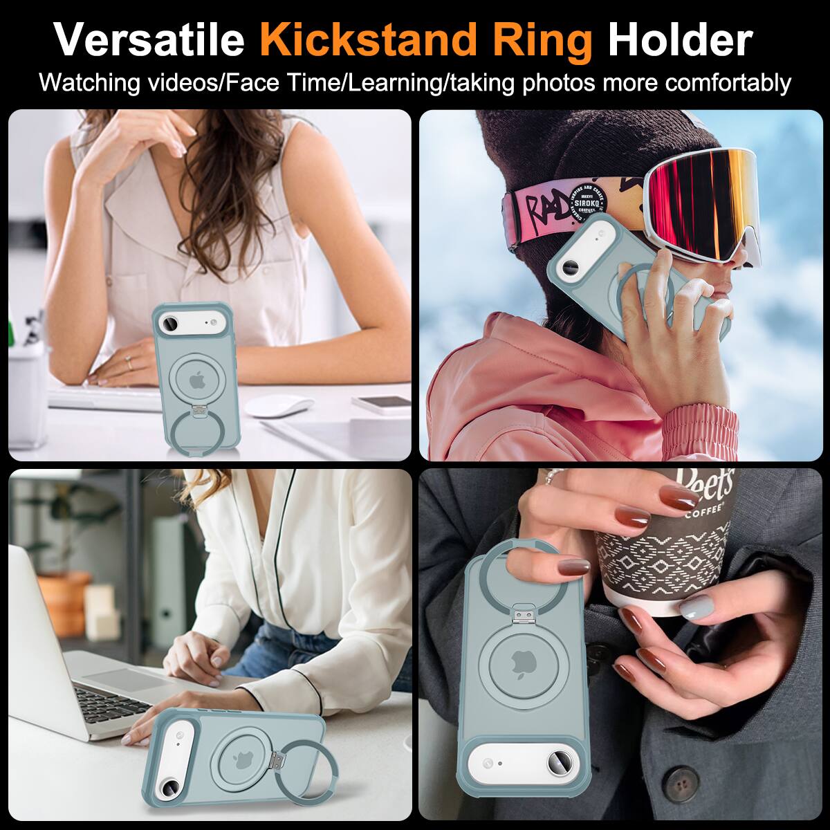 Versatile Kickstand Ring Holder  
Watching videos/Face Time/Learning/taking photos more comfortably