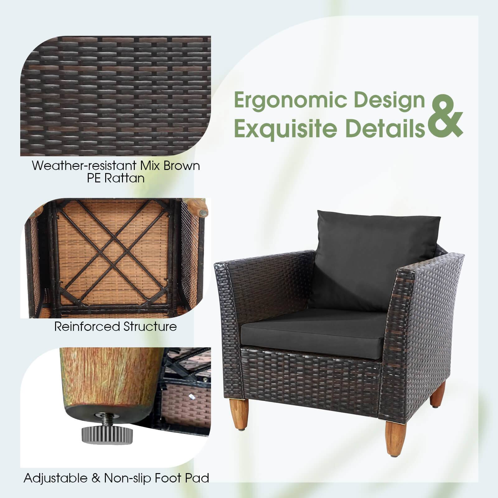 Ergonomic Design & Exquisite Details

- Weather-resistant Mix Brown PE Rattan
- Reinforced Structure
- Adjustable & Non-slip Foot Pad