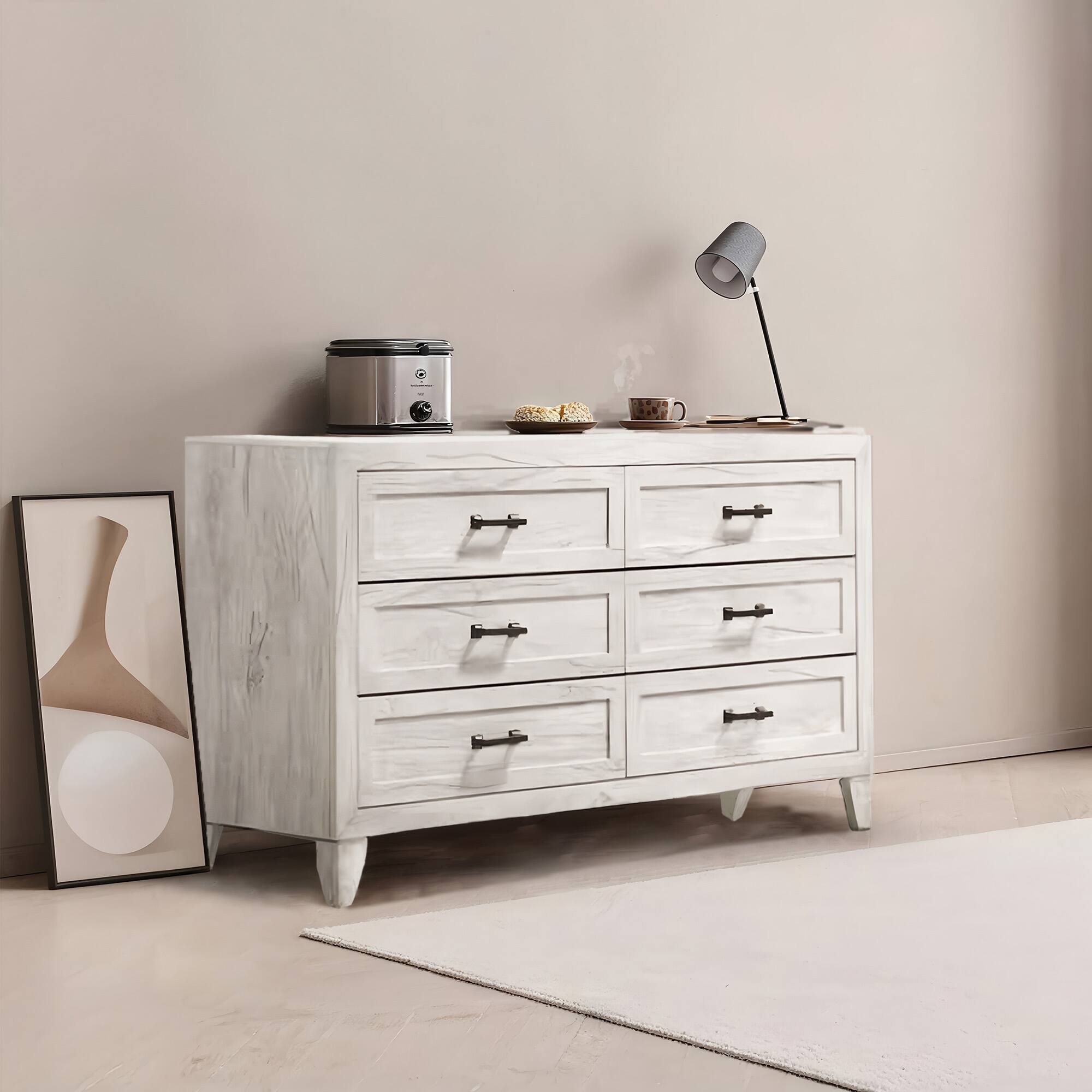 Angle. Vaczon - 6-Drawer Dresser for Bedroom, Wooden Storage Chest with Metal Handles, Smooth Glide Drawers for Living Room, Entryway - White Wash.