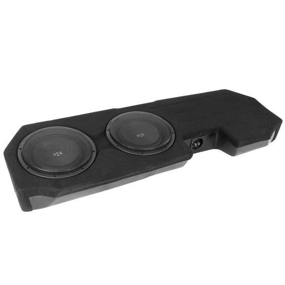 Left. NVX - 2019-2024 Silverado/Sierra BOOST Box - 800W RMS Custom-Fit Loaded Dual 12" Sealed Subwoofer Enclosure - Black.
