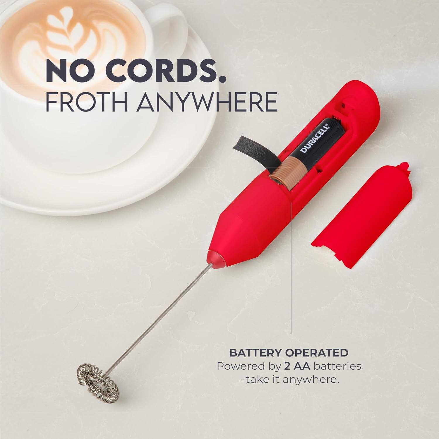 NO CORDS. FROTH ANYWHERE
DURACELL BATTERY OPERATED
Powered by 2 AA batteries - take it anywhere.
