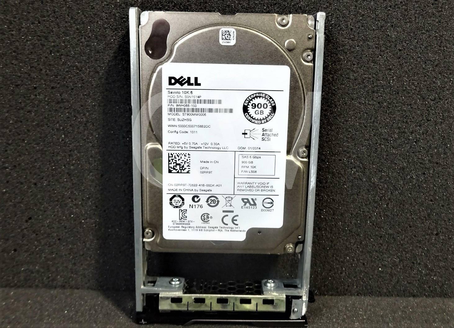24380 DELL Savvio 10K6 HDO  
S/N: SUNTSTAP  
P/N: WH066-150  
MODEL: ST900MM0006  
SITE: SUZHSG  
WWN: 5000C5007158820C  
Config Code: 1311  
RATED: +5V D 70A +12V 0 30A  
MFG by Seagate Technology LLC  
ENTERPRISE 900 CLASS GB CERTIFIED BY DELL  
Serial Attached SCSI  
OOM: 01/2014  
Made in CN  
DPIN: 02RR9T  
SAS E Gbps: 9OG  
RPM: 10K  
FAN: L506  
WARRANTY: VOID  
CN-02RR9T-72622-418-000K-A01  
ANY LABEL/SCREW REMOVED OR BROKEN  
MADE IN CHINA by Seagate  
REMOVED OM BHOKEN IUV 20 LR N176 E14