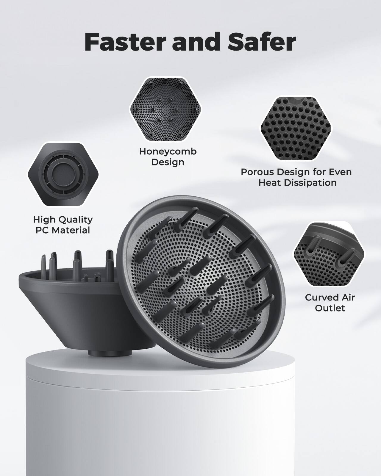 Faster and Safer

- Honeycomb Design
- Porous Design for Even Heat Dissipation
- High Quality PC Material
- Curved Air Outlet