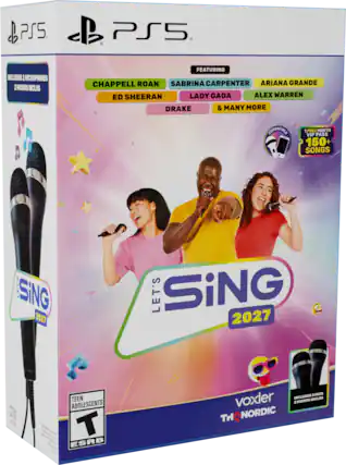PS5 PS5 INCLUDES 1 MICROPHONES 2 MICROS INCLUS FEATURING CHAPPELL ROAN SABRINA CARPENTER ARIANA GRANDE ED SHEERAN LADY GAGA ALEX WARREN DRAKE & MANY MORE COMPATIBLE 1 FREE MONTH VIP PASS 150+ SONGS SING LET'S SING 2027 LET'S SING 2027 FESA 516 CAA TEEN ADOLESCENTS - N - T M L ESRB 2 MICS voxler INCLUDES INCLUS 2 MICROS THQ NORDIC - T (Teen 13+)