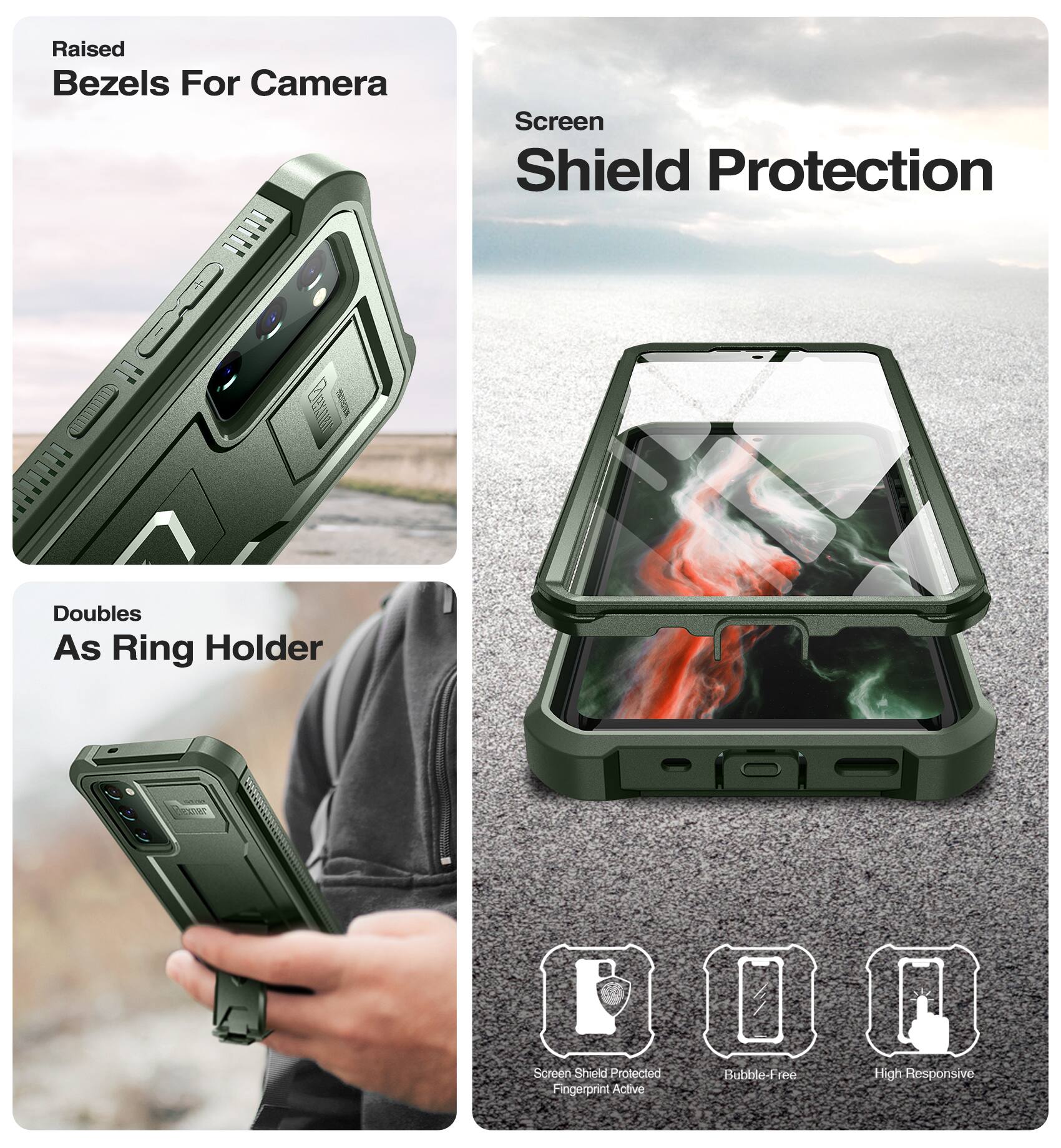 Raised Bezels For Camera  
Screen Shield Protection  
Doubles As Ring Holder  

Screen Shield Protected Fingerprint Active  
Bubble-Free  
High Responsive