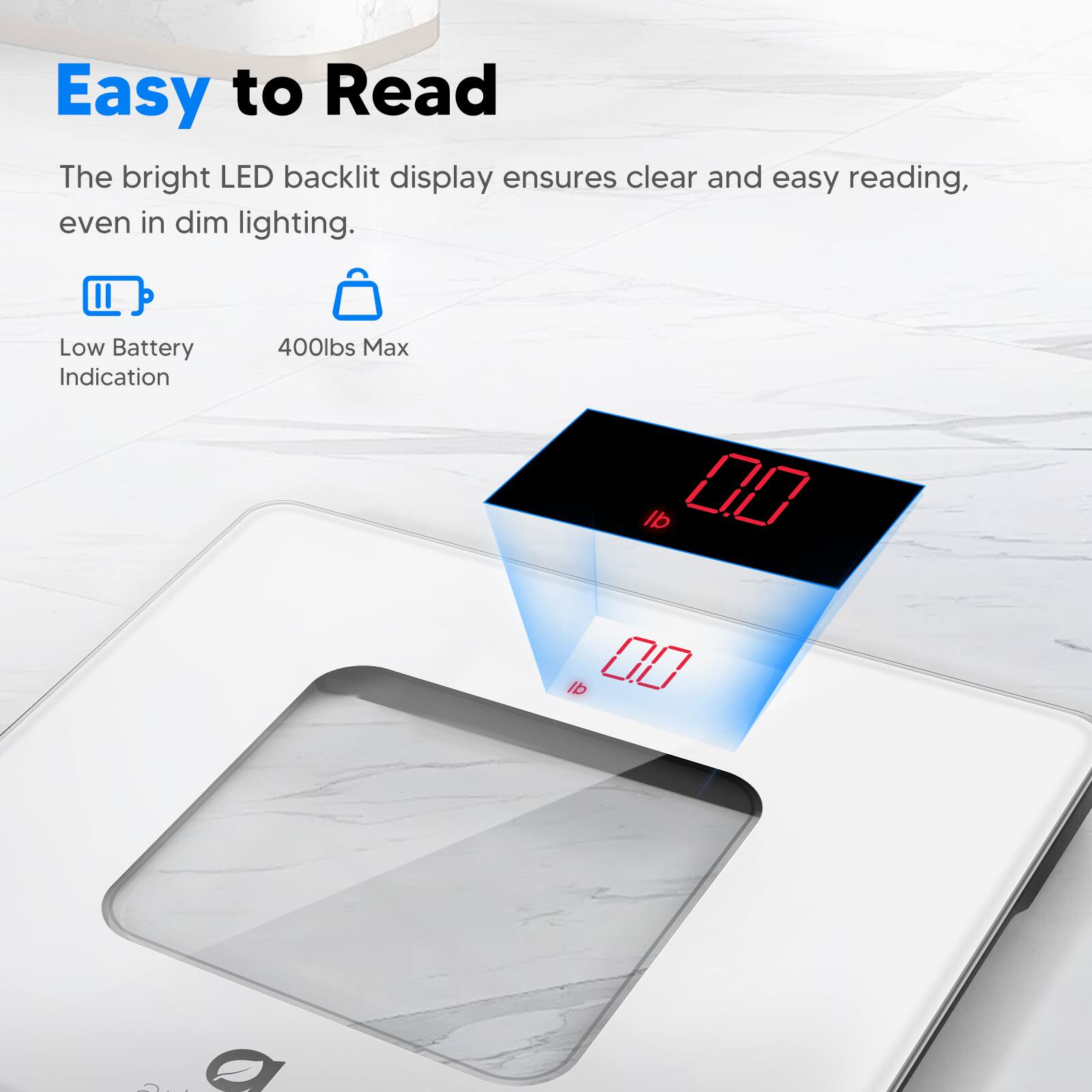 Easy to Read: The bright LED backlit display ensures clear and easy reading, even in dim lighting.
Low Battery Indication: 400lbs Max lb "0 lb 00 S a A