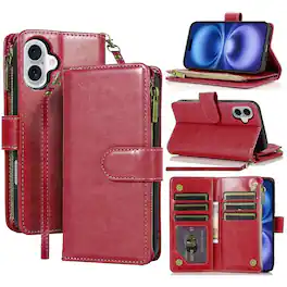 Equipd - Phone Case for iPhone 17 6.3", Luxury Wallet Card ID Zipper Money Holder Cover - Red