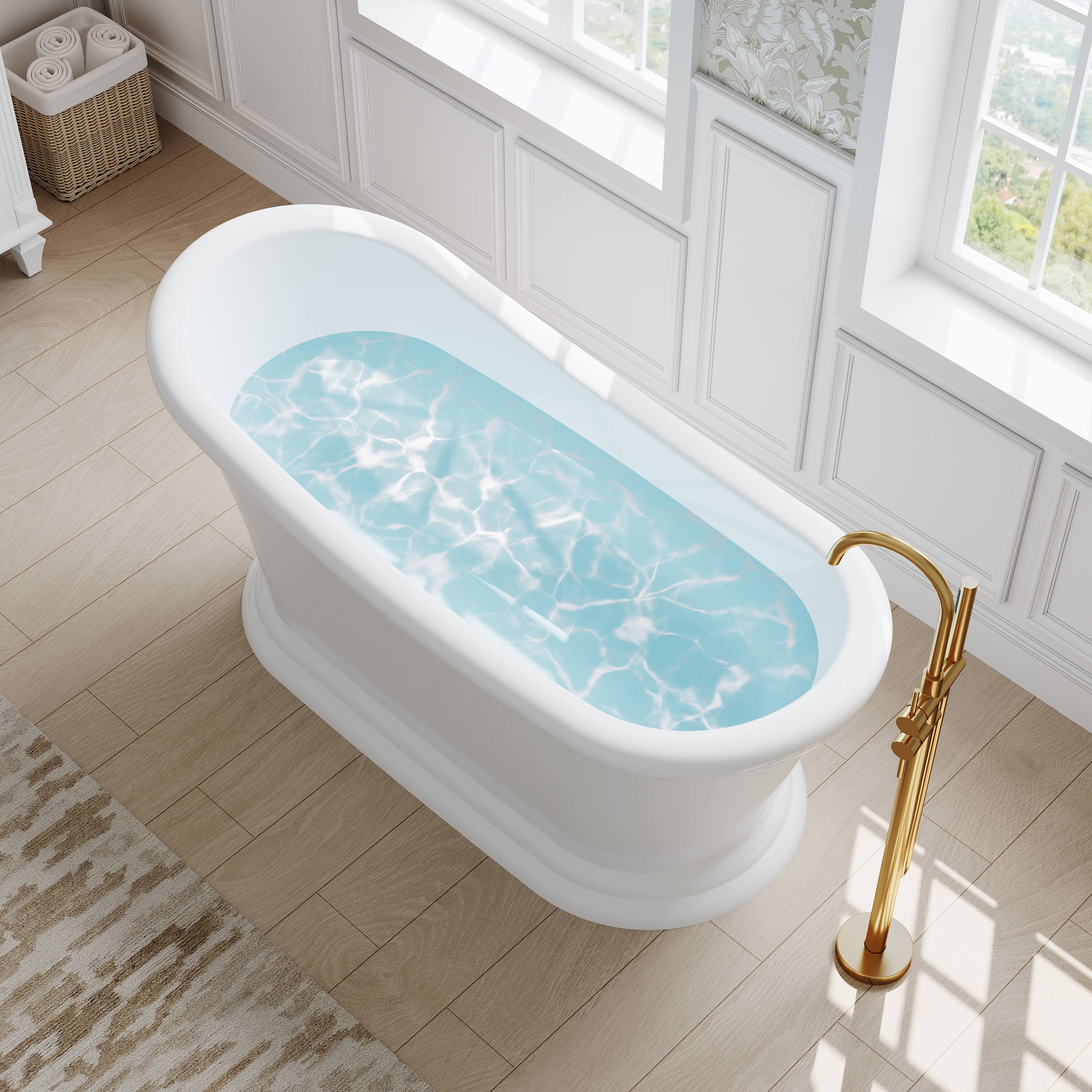Angle. WELLFOR - York 67 in. x 29 in. Acrylic Oval Freestanding Soaking Bathtub with Drain and Overflow - White.