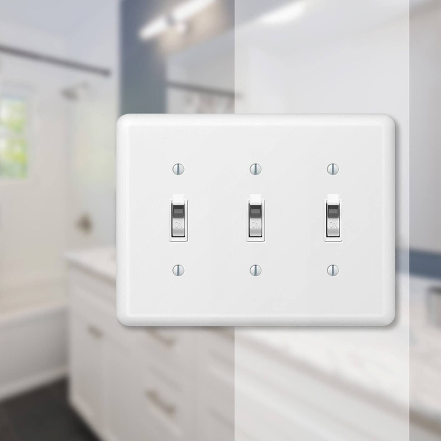 Left. AMERELLE - Amerelle Devon White 3 gang Stamped Steel Toggle Wall Plate 1 pk - White.