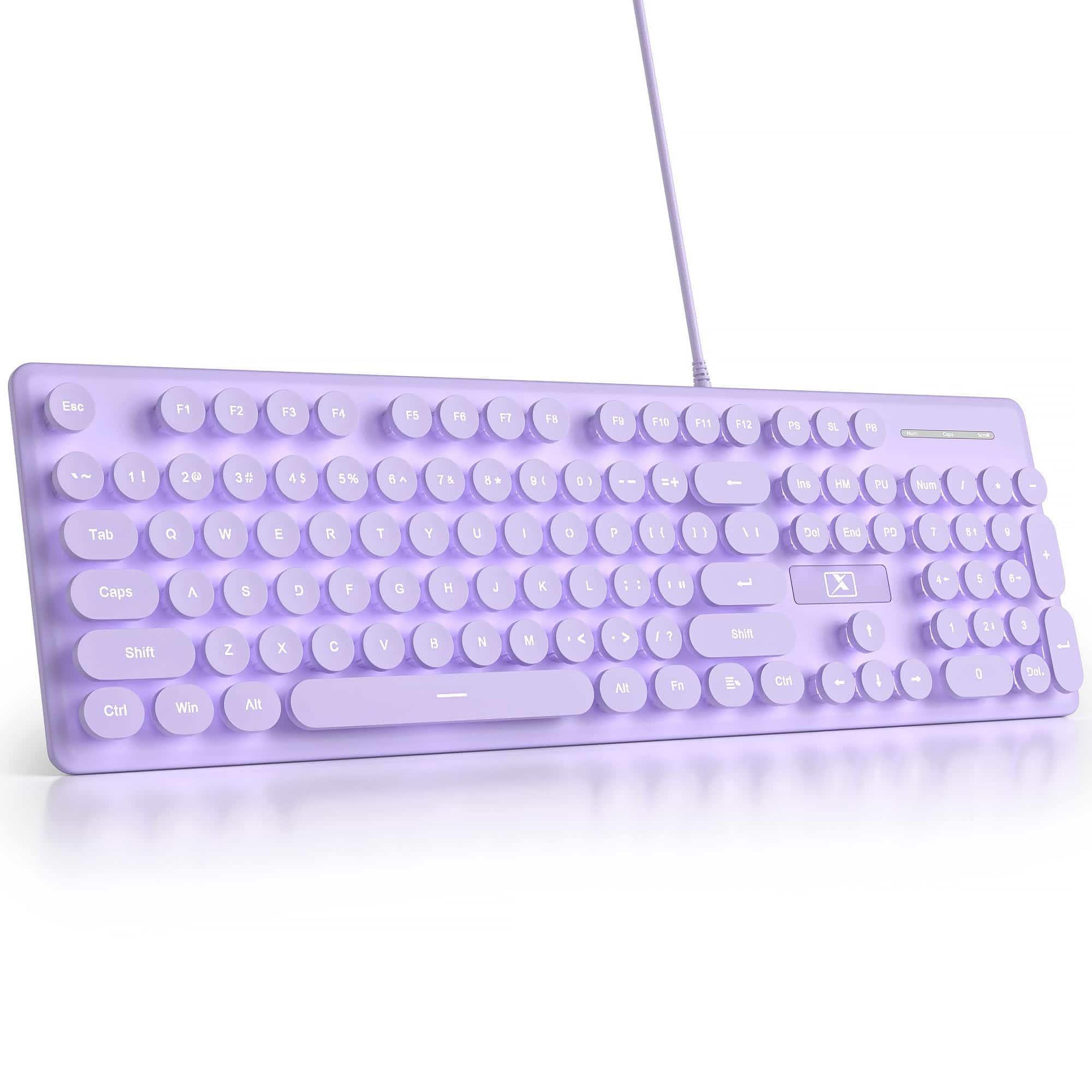 Pacoar Cade - Wired Retro Typewriter Quiet Full Size Membrane Light Up White Cute Computer Keyboards 104 Round Keys Blue Led Backlit - Purple