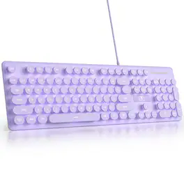 Comfort Essence - Wired Retro Typewriter Quiet Full Size Membrane Light Up Pink Cute Computer Keyboards 104 Round Keys White - Purple