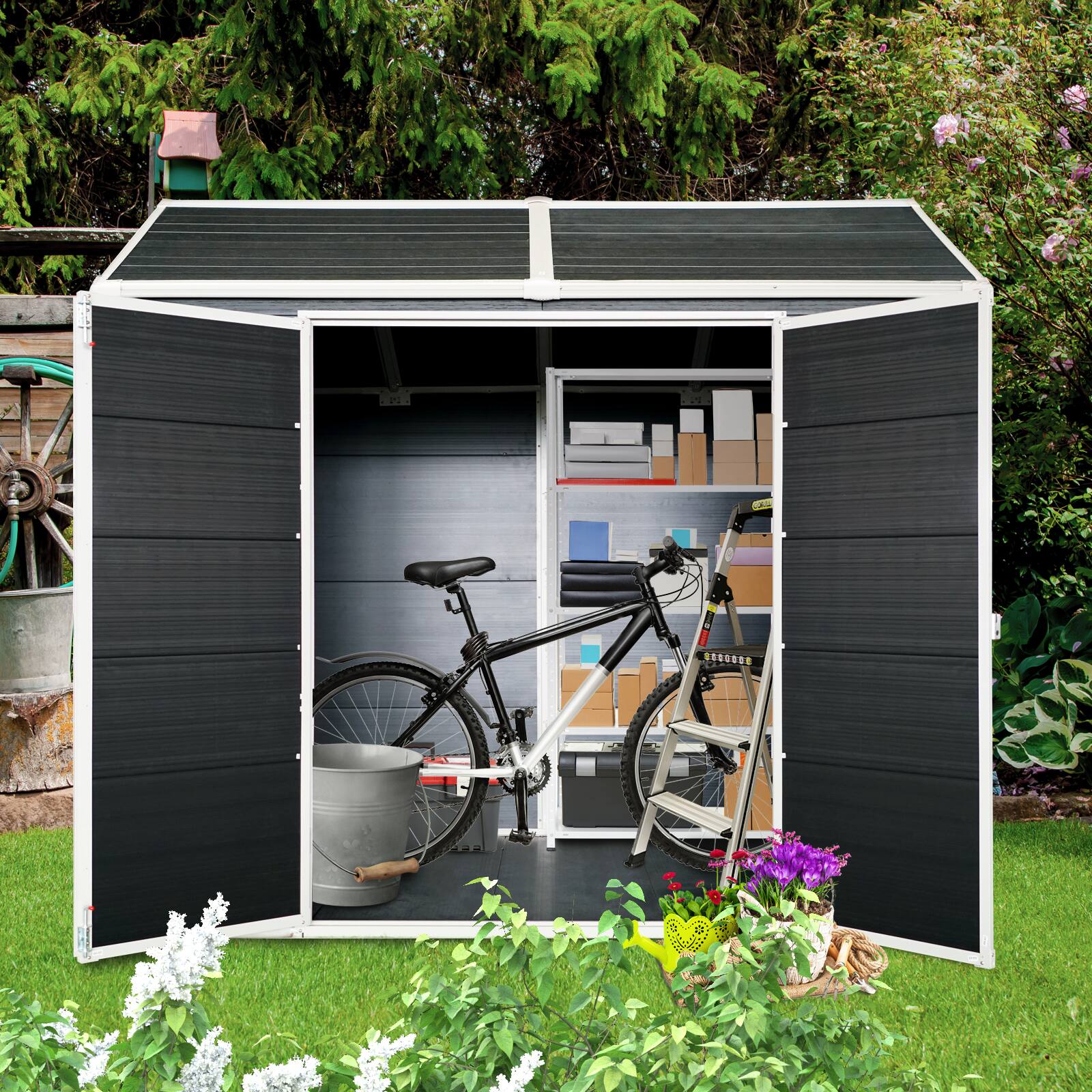 Back. Mondawe - 4x8ft Resin Outdoor Storage Shed with Two-Window and Double-Door - Black.