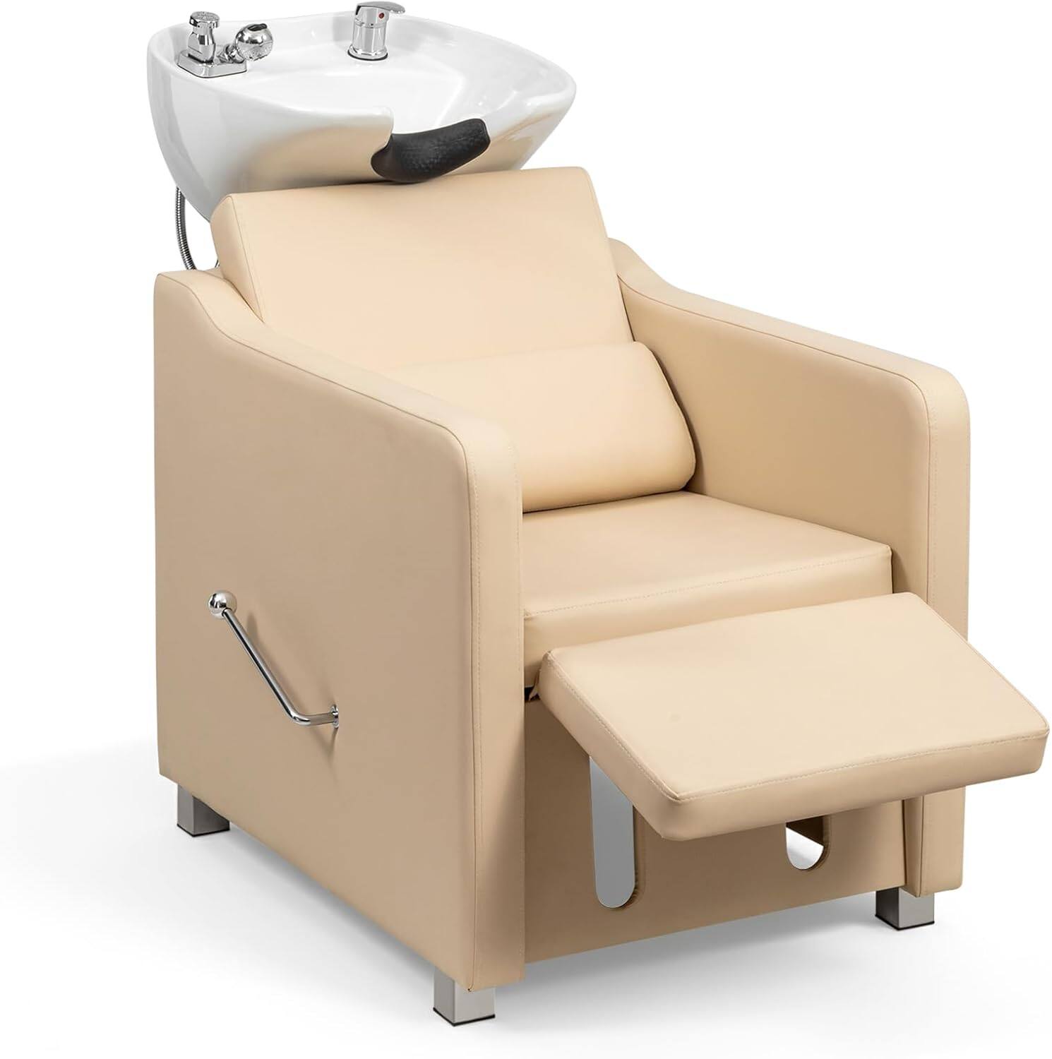 Front. Winado - Ceramic Hair Wash Bowl Sink with Shampoo Chair, Manual Adjustable Leg Rest & Tilting Shampoo Bowl - Beige.