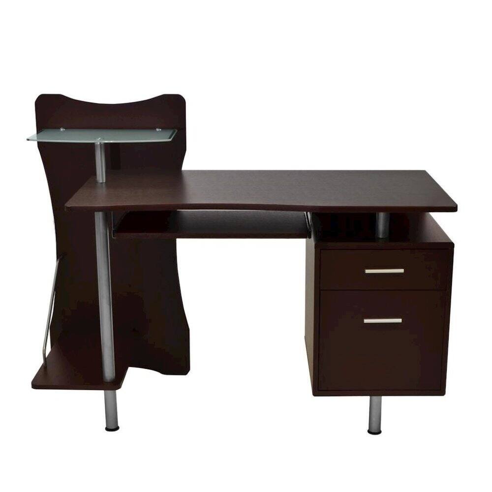 Angle. FurniFact - Chocolate Brown Wood Desk With 2 Drawers - Brown.