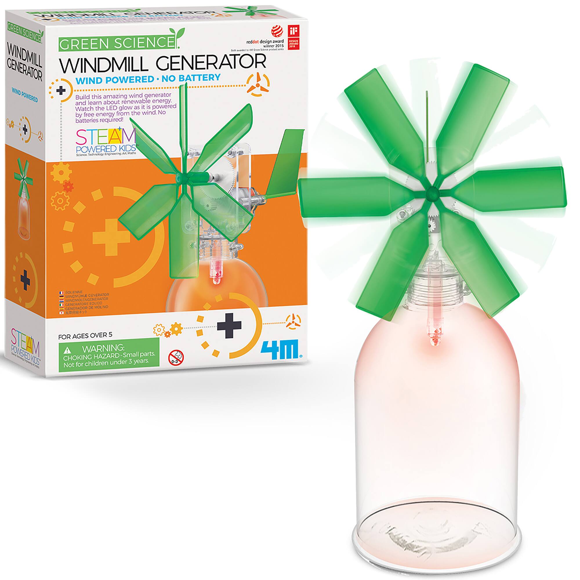 GREEN SCIENCE  
WINDMILL GENERATOR  
WIND POWERED • NO BATTERY  

Build this amazing wind generator and learn about renewable energy. Watch the LED glow as it is powered from the wind! No batteries required!  

STEAM POWERED KIDS  

FOR AGES OVER 5  

WARNING: CHOKING HAZARD - Small parts. Not for children under 3 years.