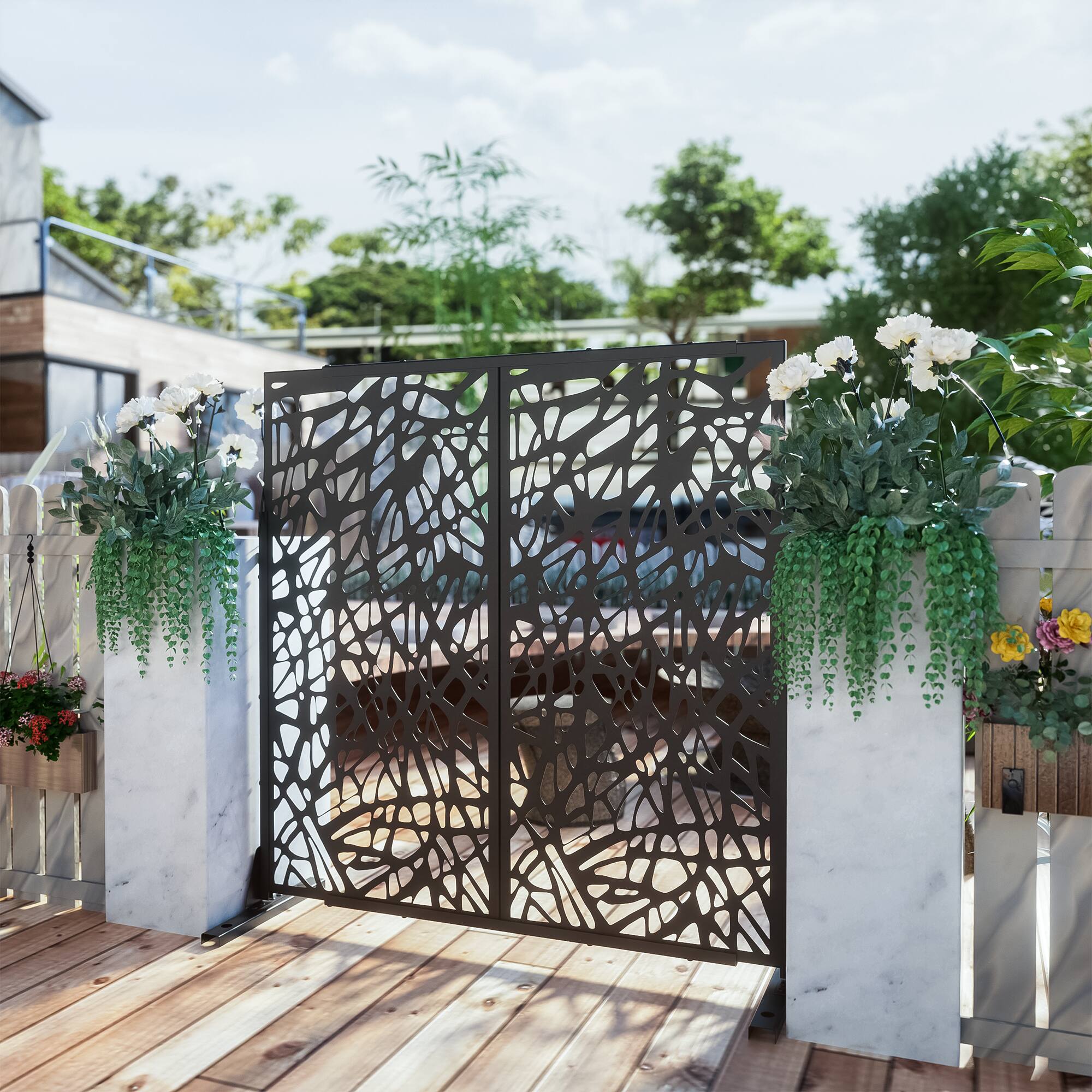 Alt View 4. PexFix - 72 in. x 47 in. Net Pattern Metal Outdoor Privacy Screen & Panels, Freestanding Garden Divider Fence - Black.