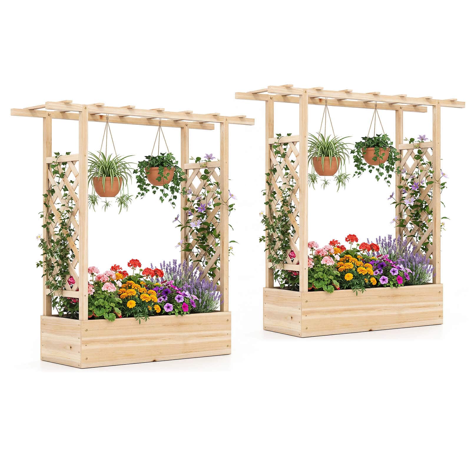 Costway - 2 PCS Wooden Raised Garden Bed with Trellis, Hanging Roof, Drainage Holes for Plants - Natural price history on PriceWatchPro