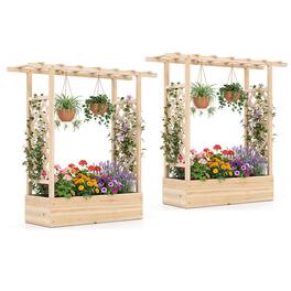 Costway - 2 PCS Wooden Raised Garden Bed with Trellis, Hanging Roof, Drainage Holes for Plants - Natural