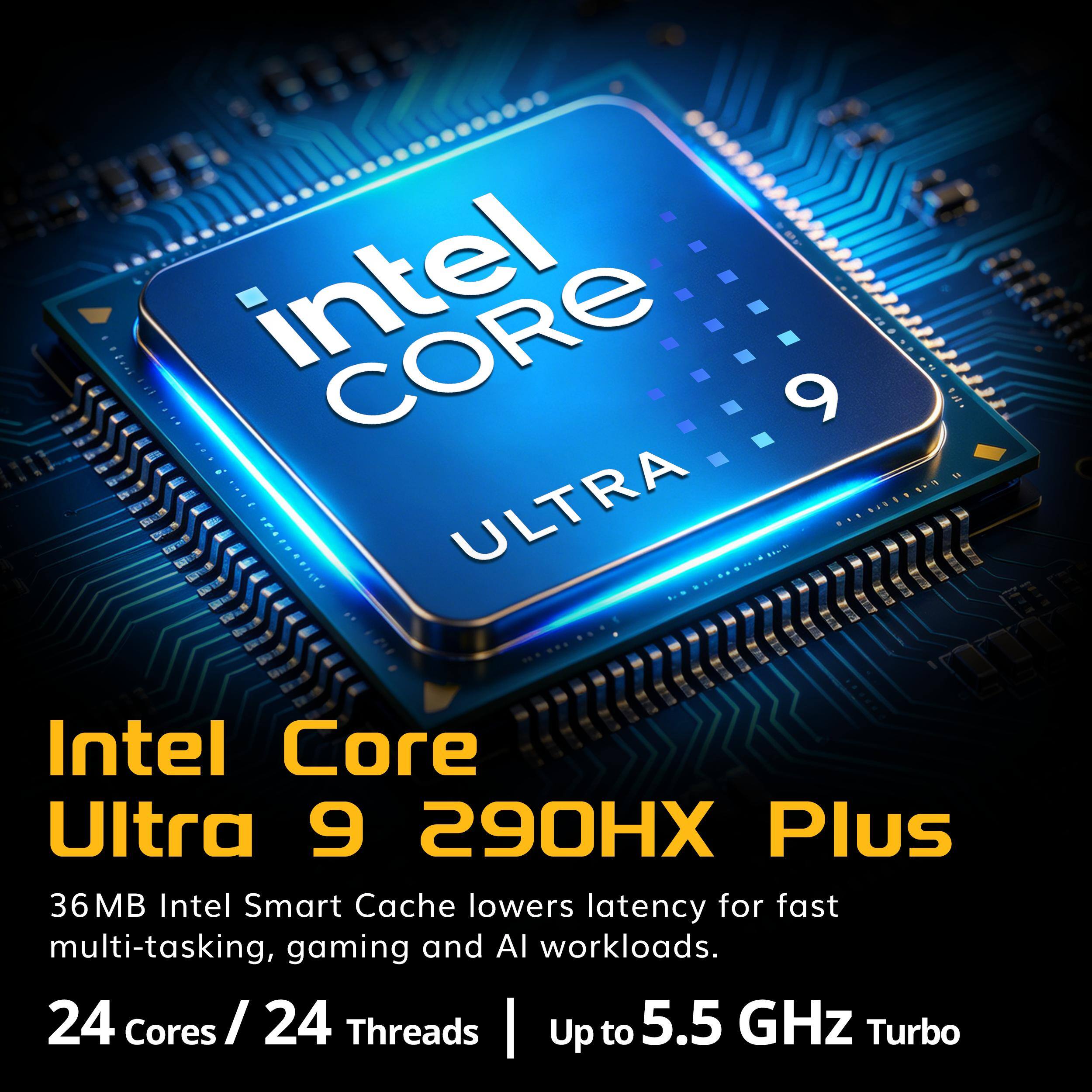 www.listive intel CORE 9 HONDON ... " .... ULTRA  COMPANY Intel Core Ultra 9 XHOES Plus 36MB Intel Smart Cache lowers latency for fast multi-tasking, gaming and Al workloads. 24 Cores 24 Threads | Up to 5.5 GHz Turbo