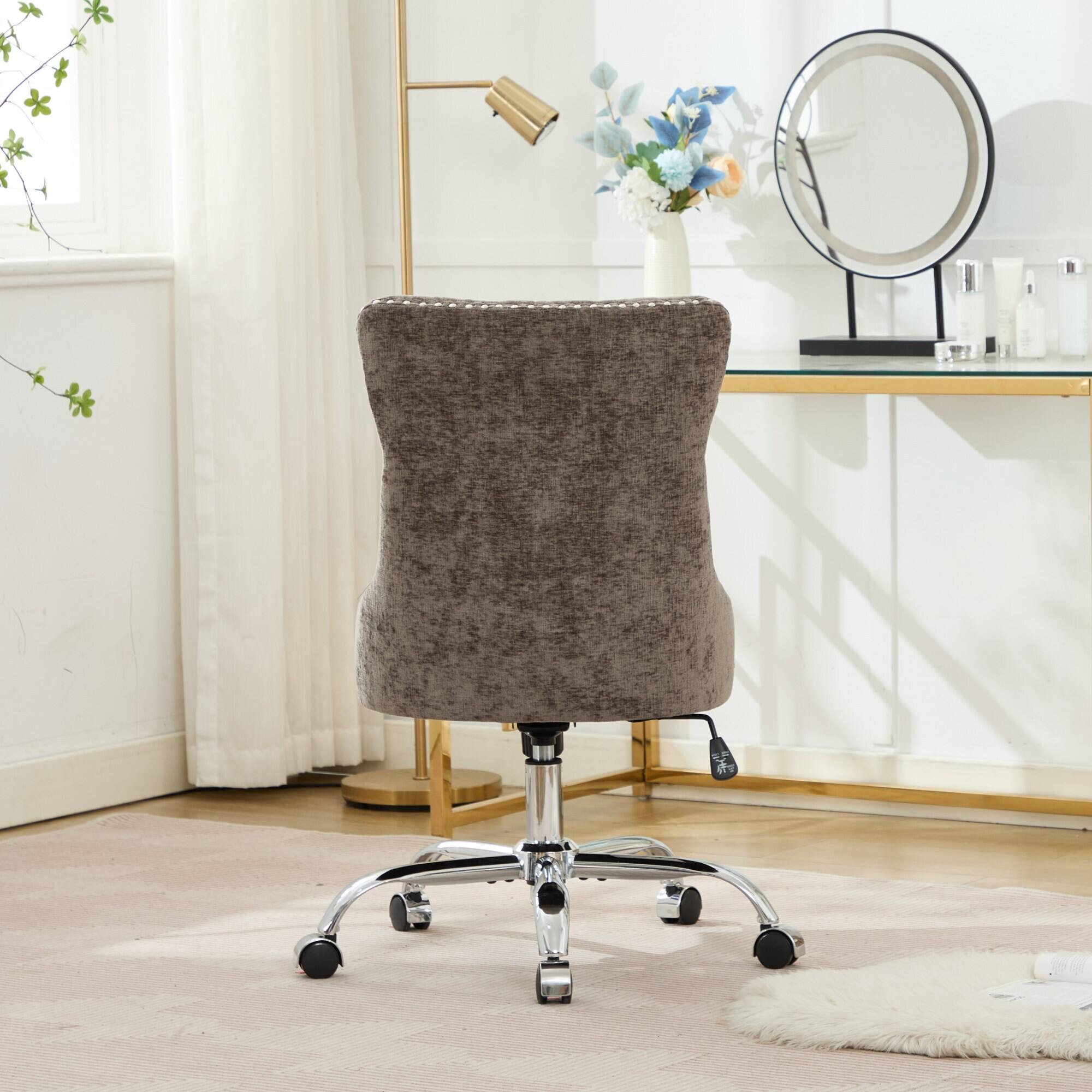 Alt View 2. Trinkets Crazed - Home Office Chair with Wheels & Silver Base,Chenille Fabric Makeup Vanity Chair with Tufted Back, Swivel Desk Chair - Gray.