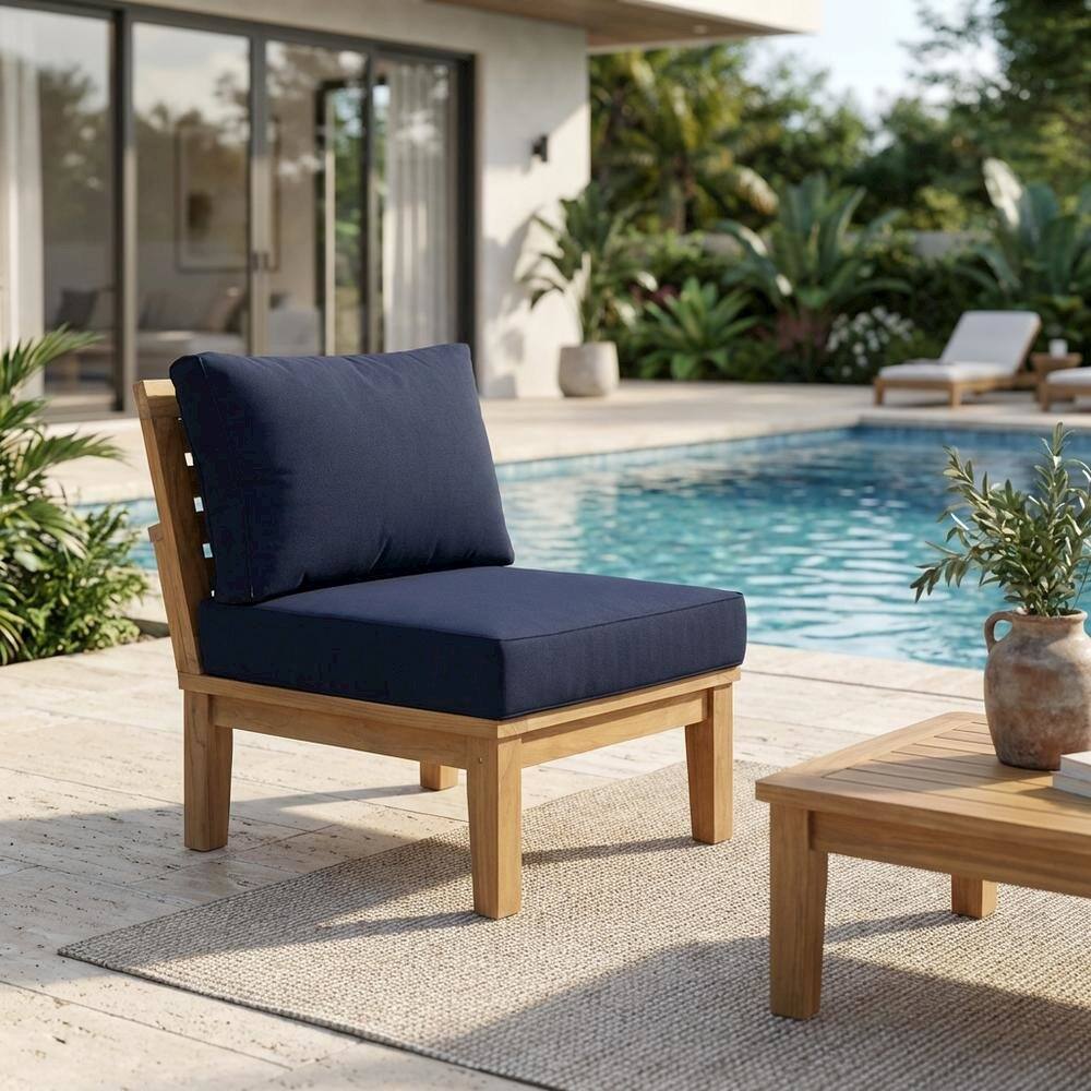 Left. Outdoor Escape - Outdoor Patio Teak Sofa With Cushions And Modern Design - Blue.