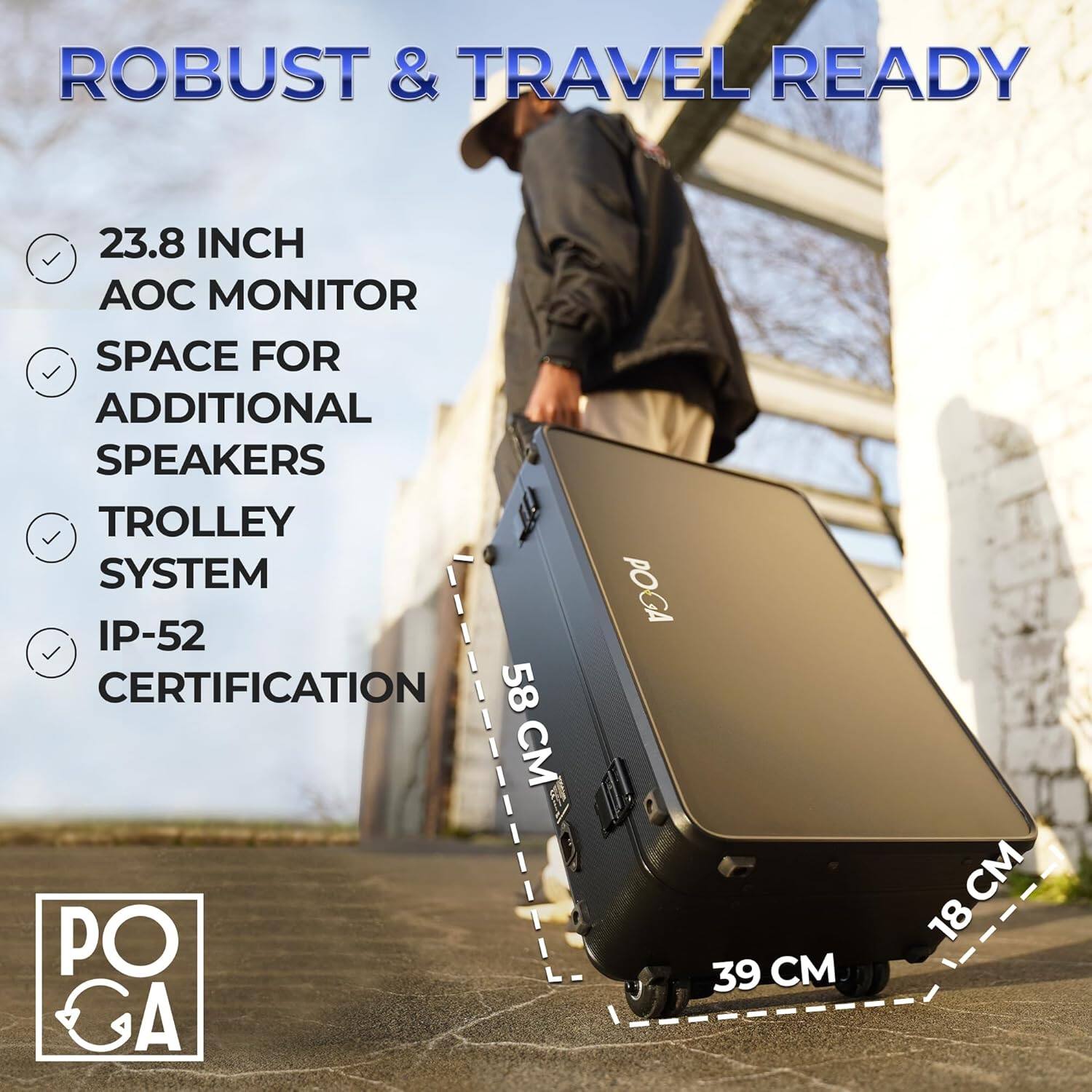 Robust & Travel Ready 23.8 inch AOC monitor, space for additional speakers, trolley system, Poga IP-52 certification, 58 cm, 39 m.