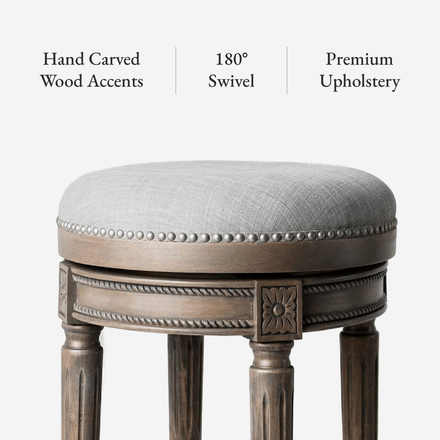 Hand Carved Wood Accents, 180° Swivel, Premium Upholstery