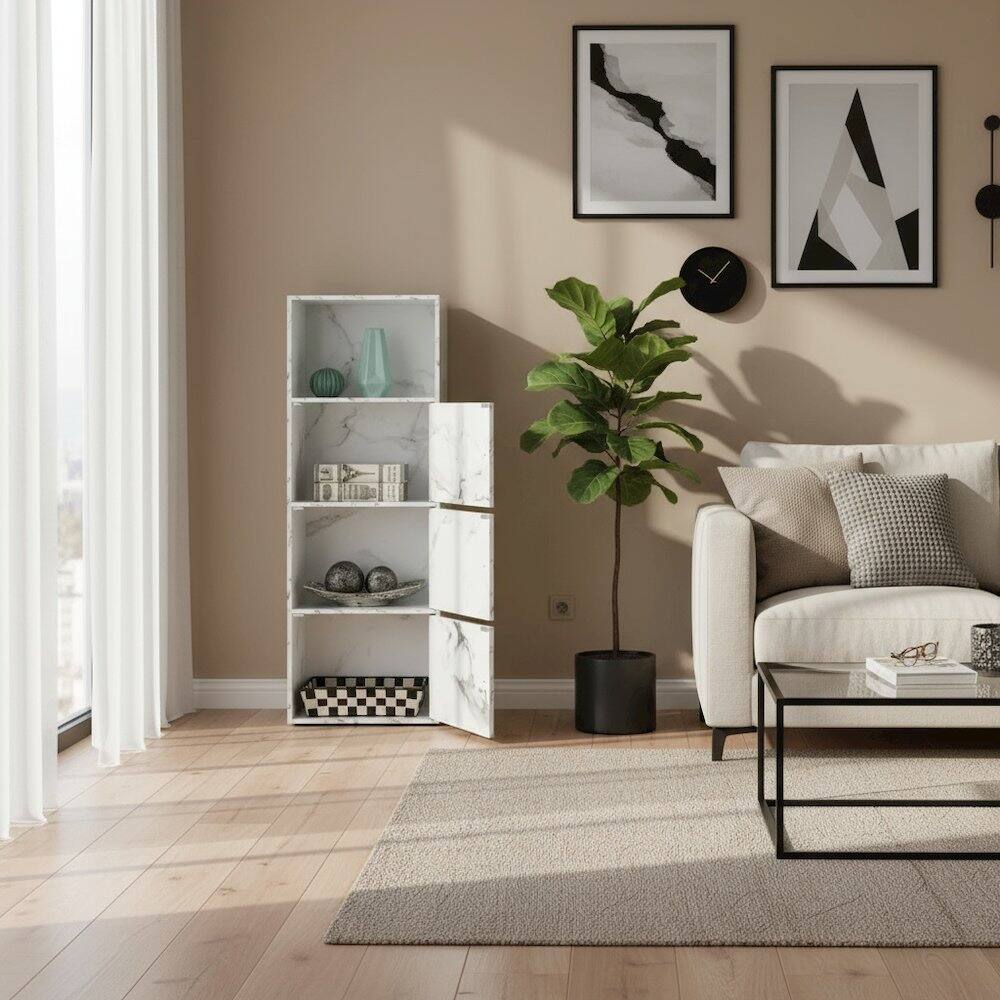 Alt View 1. FurniFact - Storage Cabinet with 3 Doors - White Faux Marble.