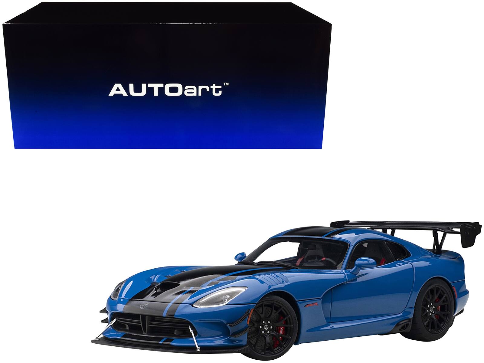 Front. Autoart - 2017 Dodge Viper ACR Competition Blue with Black Stripes 1/18 Model Car by Autoart - Blue And Black.