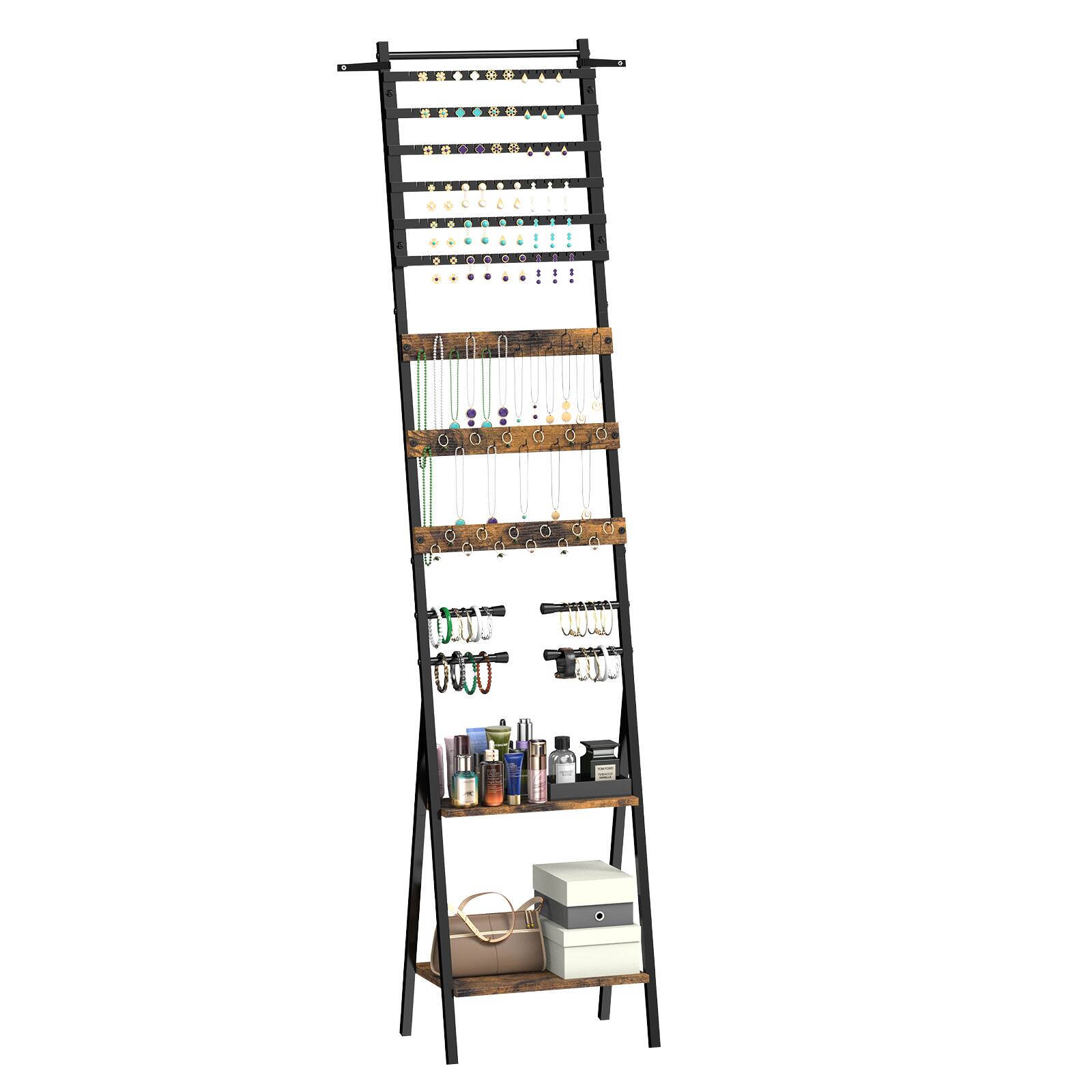 Alt View 1. Oumilen - Leaning Jewelry Storage Ladder Rack, Brown Wood Metal Freestanding Earring Necklace Bracelet Organizer - Brown.