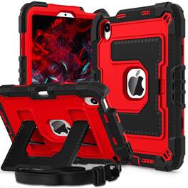 Dteck - Heavy Duty Rugged Case for iPad mini 7 (A17 Pro) 2024/ Mini 6 8.3'' with Multi-Angle Kickstand and Shoulder Strap - Black+Red