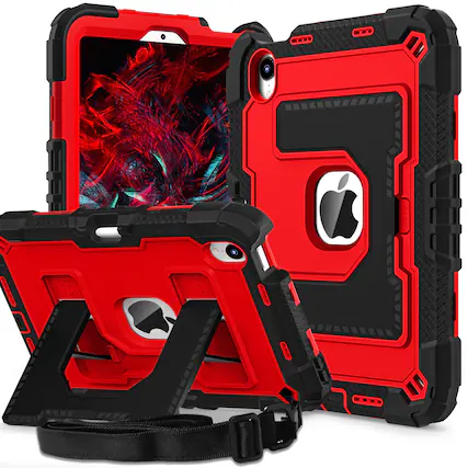 Front. Dteck - Heavy Duty Rugged Case for iPad mini 7 (A17 Pro) 2024/ Mini 6 8.3'' with Multi-Angle Kickstand and Shoulder Strap - Black+Red.