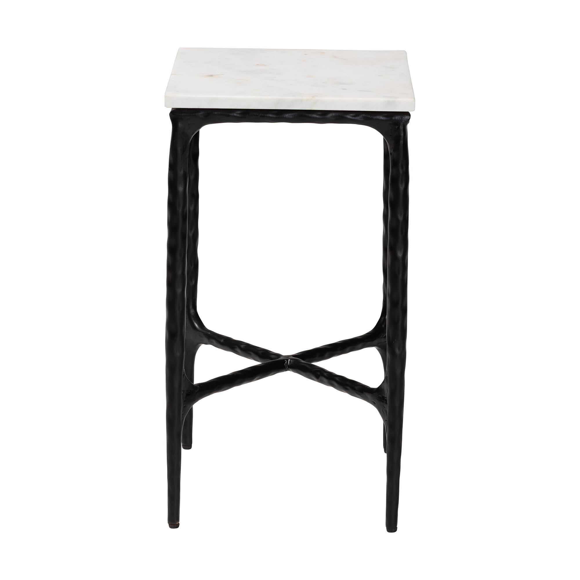 Left. Baxton Studio - Akanji Marble End Table - Modern Rustic Accent Table with Hand-Forged Metal Frame, Rectangle - Marble White/Black.