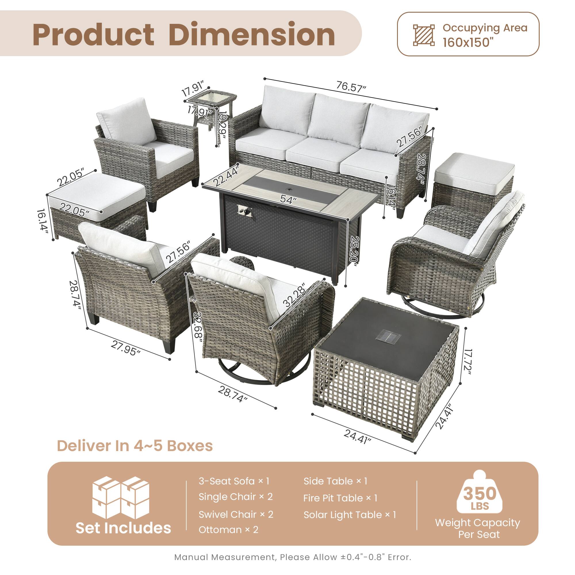 **Product Dimension**

- Occupying Area: 160x150"
- 3-Seat Sofa: 76.57" x 27.56" x 28.74"
- Single Chair: 22.05" x 16.14" x 27.95"
- Swivel Chair: 22.05" x 16.14" x 27.95"
- Ottoman: 22.05" x 17.91" x 17.91"
- Fire Pit Table: 24.41" x 24.41" x 17.72"
- Side Table: 22.44" x 17.91" x 17.91"
- Solar Light Table: 22.44" x 17.91" x 17.91"

**Deliver In 4~5 Boxes**

- Set Includes:
  - 3-Seat Sofa x 1
  - Single Chair x 2
  - Swivel Chair x 2
  -