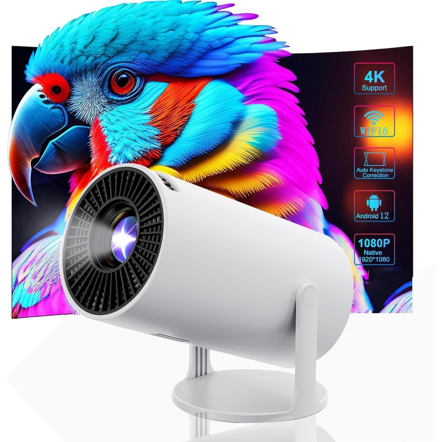 The Best Inks - Projector 4k 1080p Full Hd With Wifi6 And Mini Support Android 11 Bt5.0 Auto Horizontal Correction 180° Rotation - White
