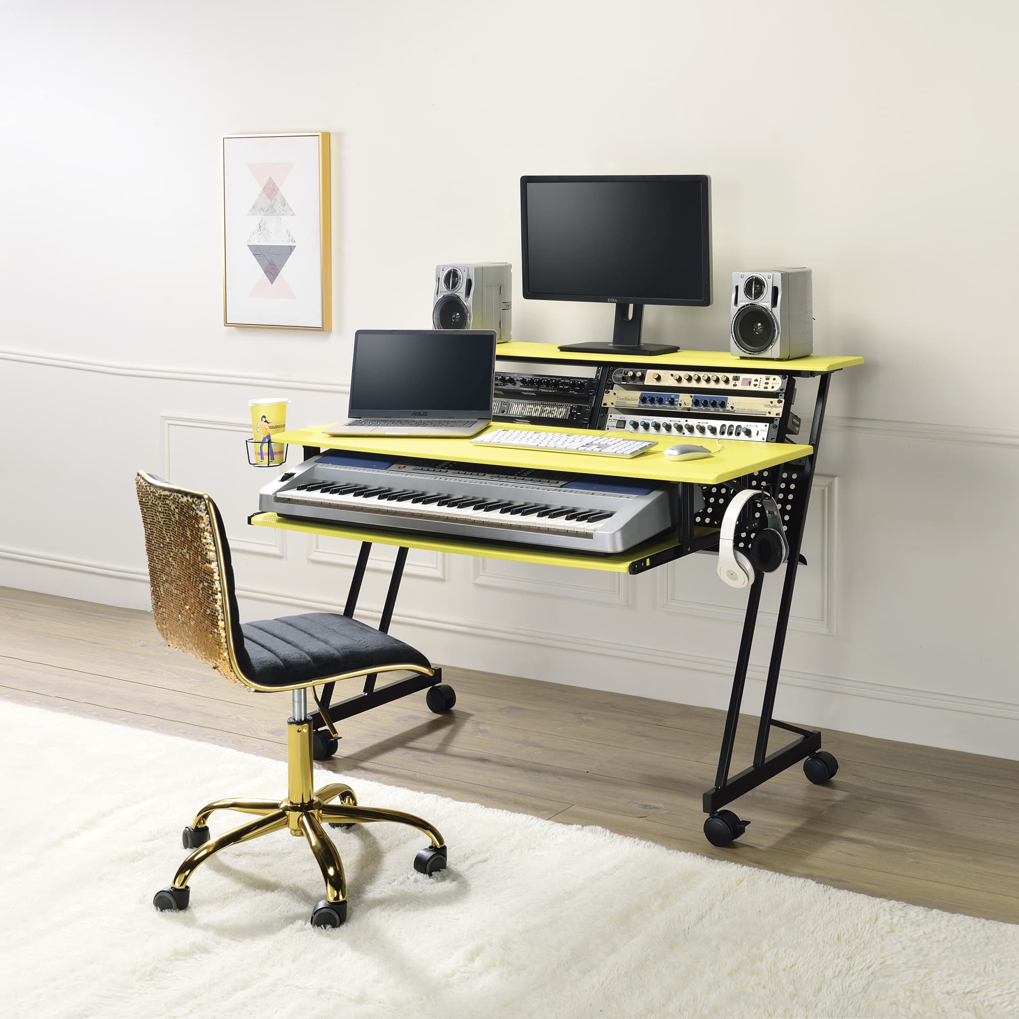 GOODSILO - Professional Music Recording Studio Desk with Keyboard Shelf and Casters - Black+Yellow