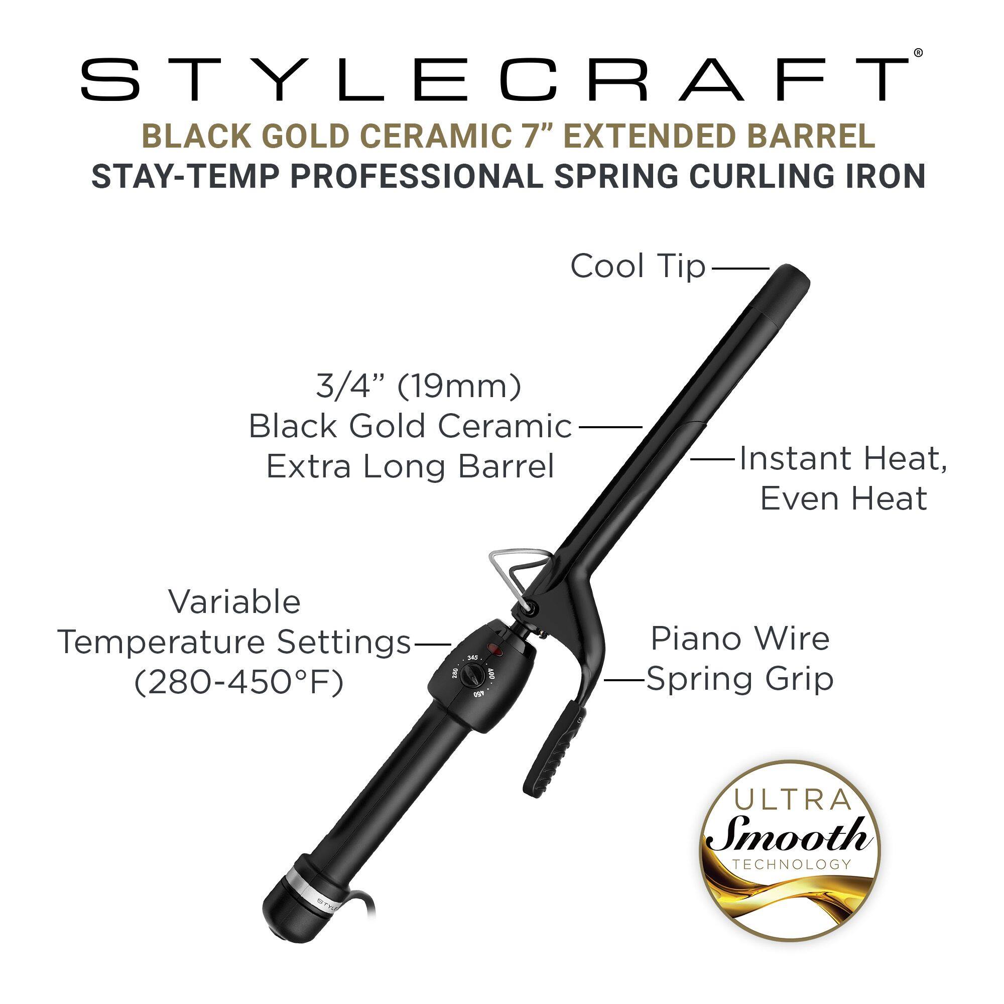 STYLECRAFT BLACK GOLD CERAMIC 7" EXTENDED BARREL STAY-TEMP PROFESSIONAL SPRING CURLING IRON Cool Tip 3/4" (19mm) Black Gold Ceramic Extra Long Barrel Instant Heat, Even Heat Variable Temperature Settings- (280-450F) Piano Wire Spring Grip ULTRA Smooth TECHNOLOGY