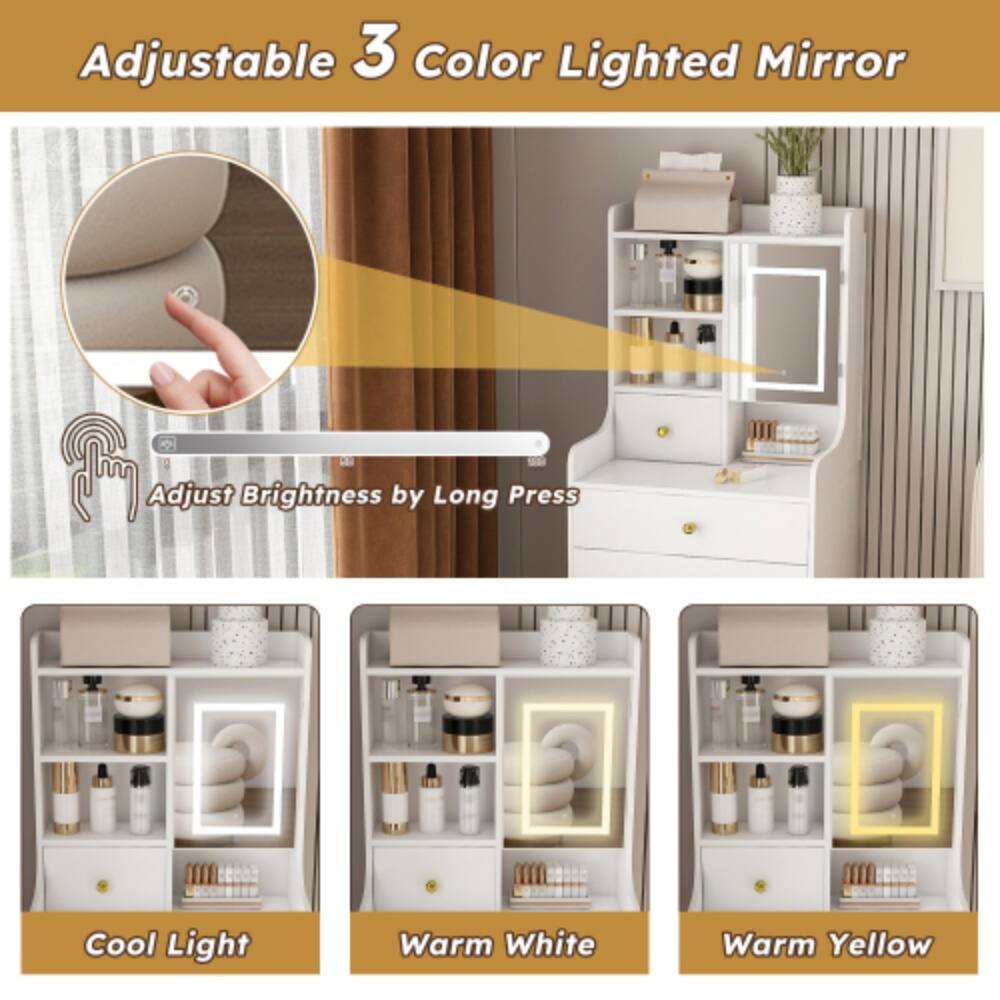Adjustable 3 Color Lighted Mirror  
Adjust Brightness by Long Press  
Cool Light  
Warm White  
Warm Yellow