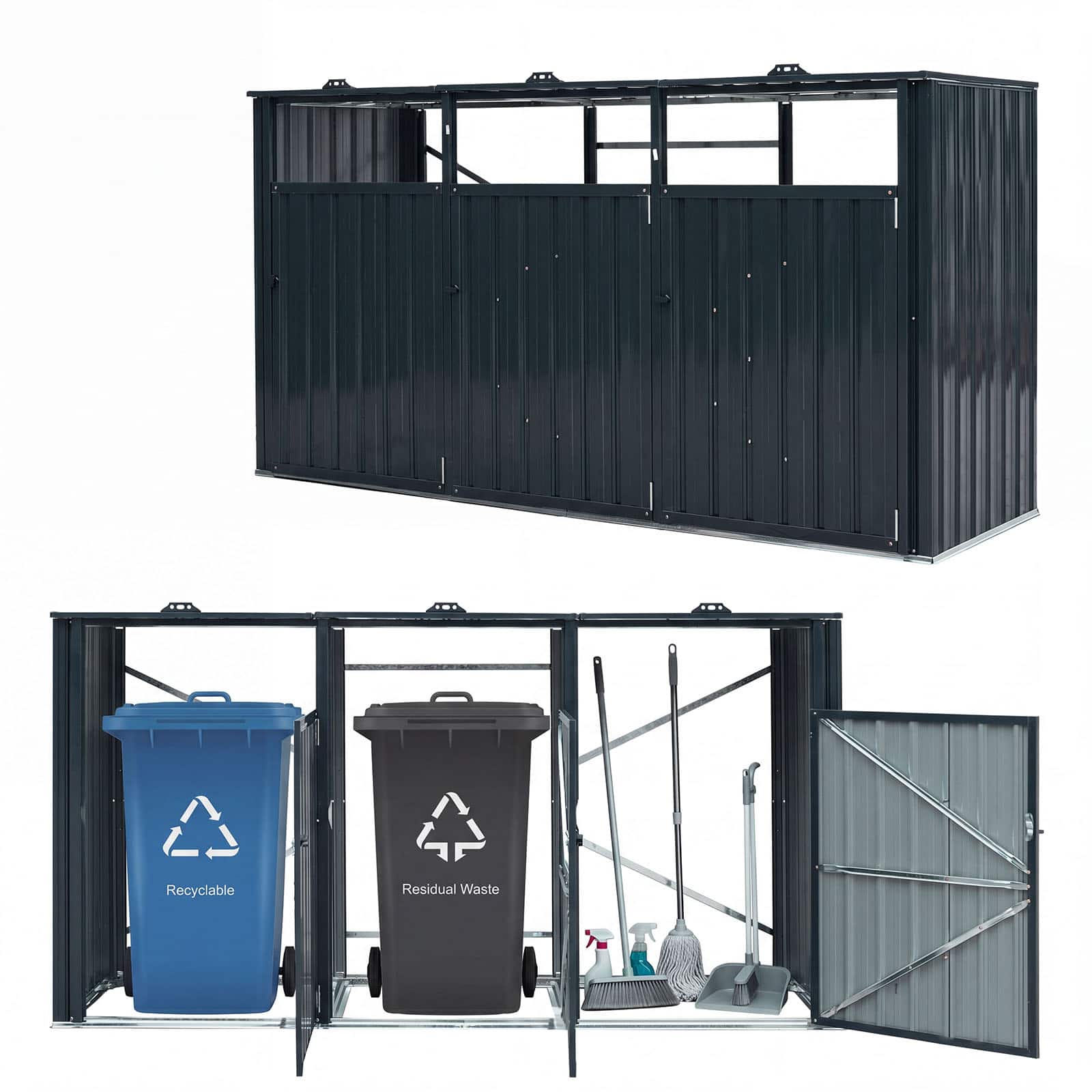 Costway - 3-Bin Metal Trash Can Storage Shed,7.8 x 2.6FT Patio Garbage Shed with Flip-Up Lids - Dark Gray