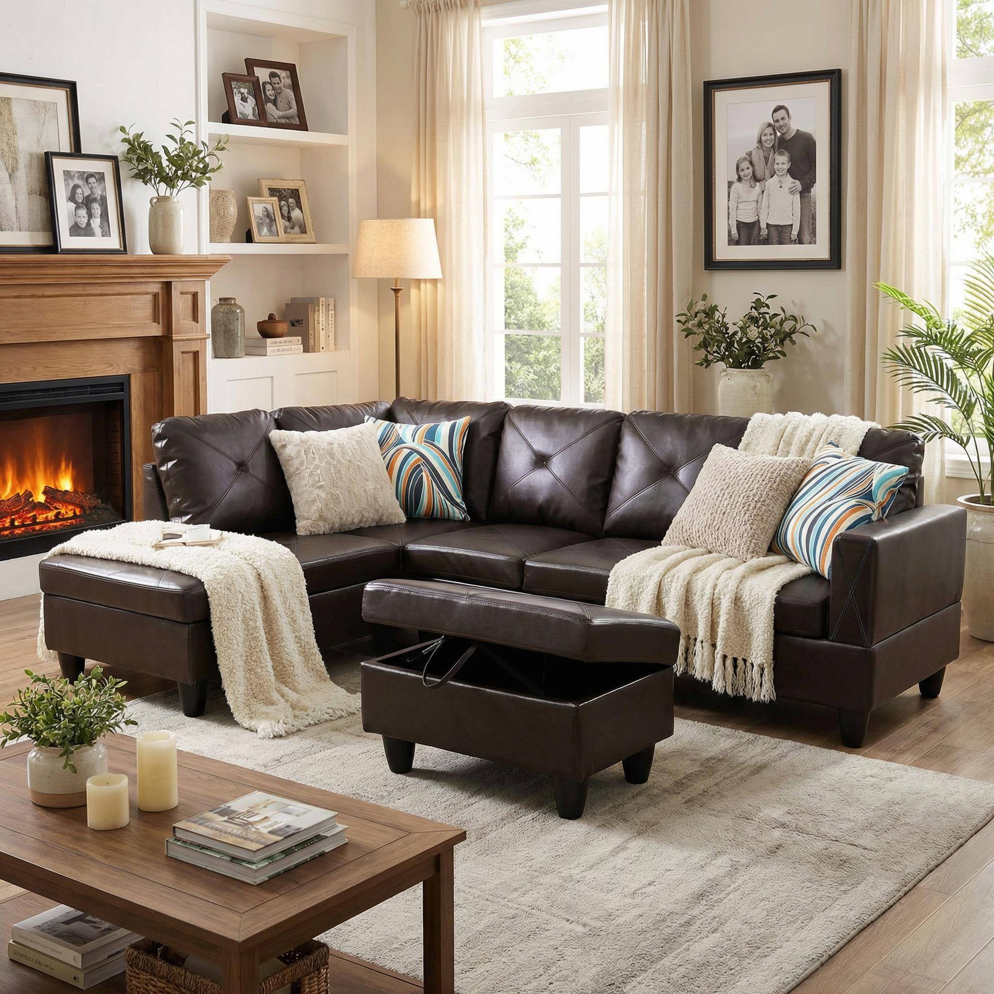 Alt View 3. Boyel Living - Premium Semi PU Upholstered Sofa Solid Wood Frame Double Spring with Left Chaise Lounge - Dark Brown.
