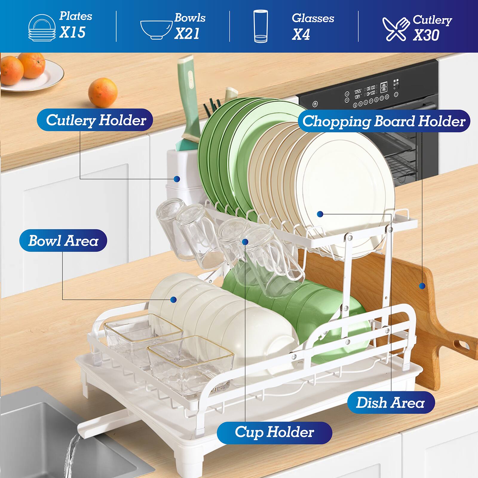 Plates X15  
Bowls X21  
Glasses X4  
Cutlery X30  

Cutlery Holder  
Bowl Area  
Chopping Board Holder  
Dish Area  
Cup Holder