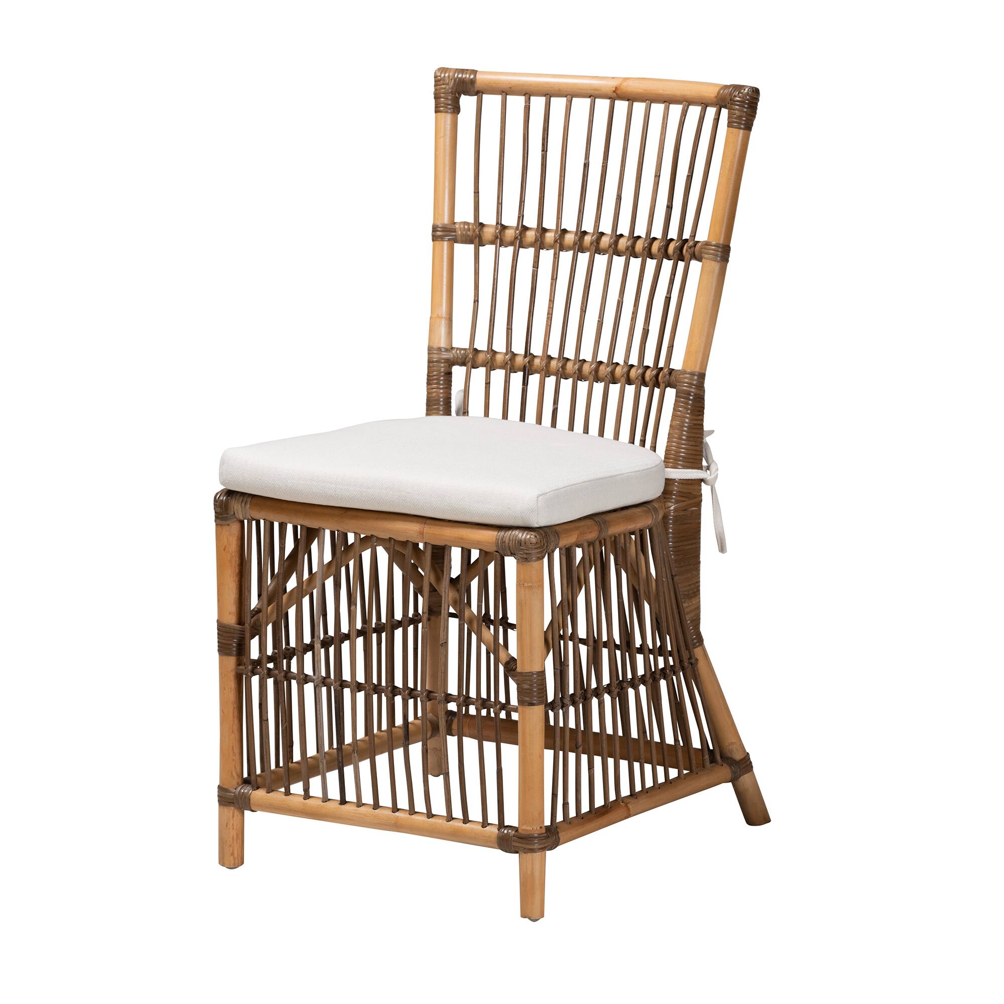 Front. bali & pari - Kim Modern Bohemian Fabric and Rattan Dining Chair - White/Natural Brown.