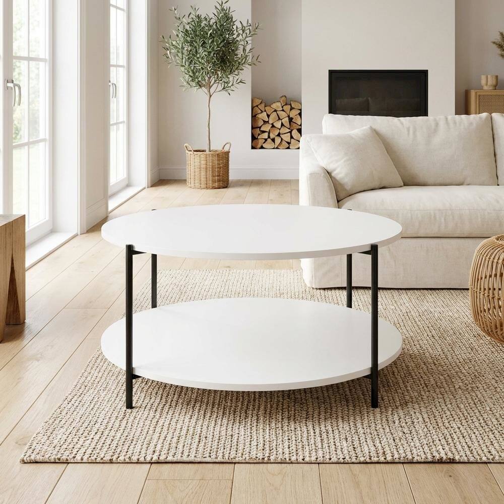 Left. FurniFact - White 2-Tier Round Coffee Table with Metal Legs and Sturdy Frame for Living Room - White, Black.