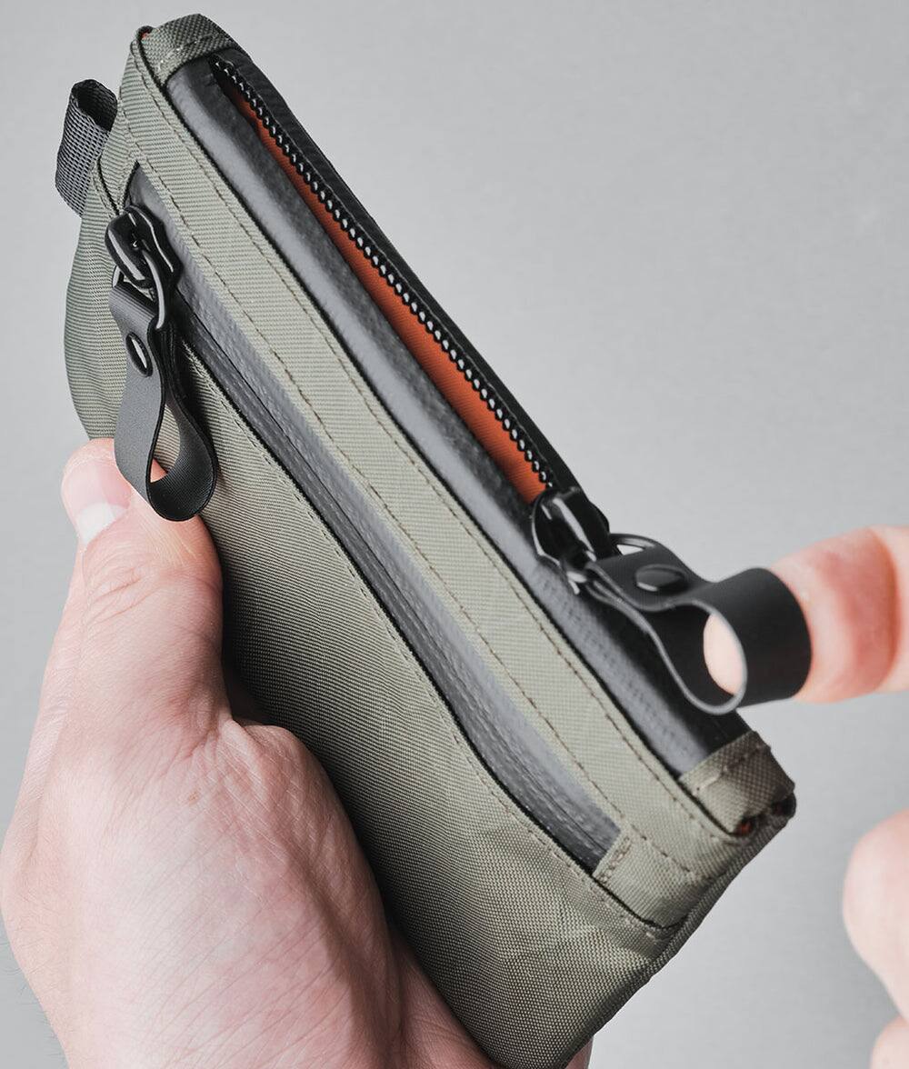 Angle. ALPAKA - Zip Pouch X-Pac - RFID-Blocking Small Cash and Card Zip Wallet with Weatherproof Fabrics, EDC Pouch for Men Travel - Dark Green X-Pac VX21.