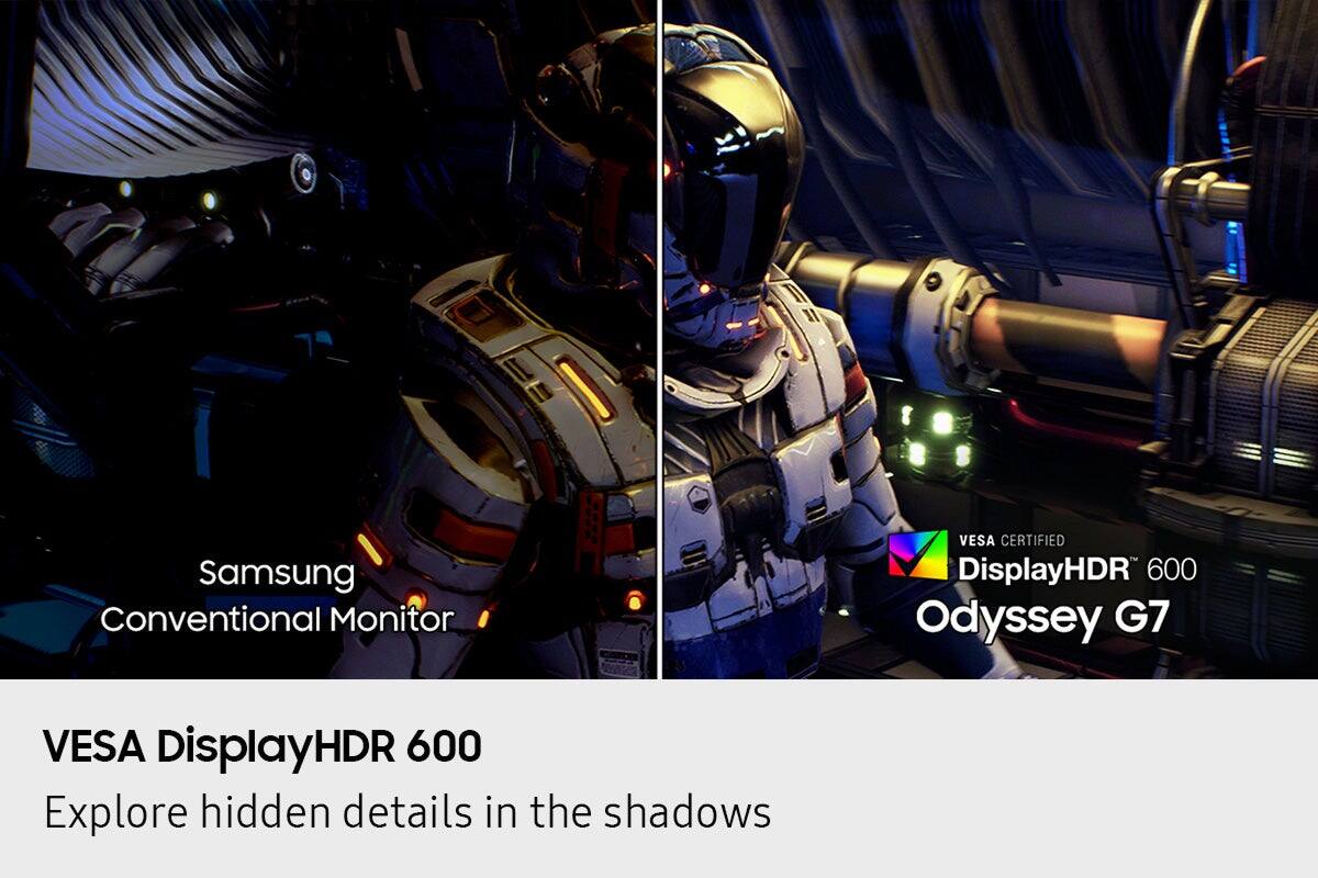 Samsung Conventional Monitor, VESA CERTIFIED DisplayHDR 600, Odyssey G7, VESA DisplayHDR 600, Explore hidden details in the shadows