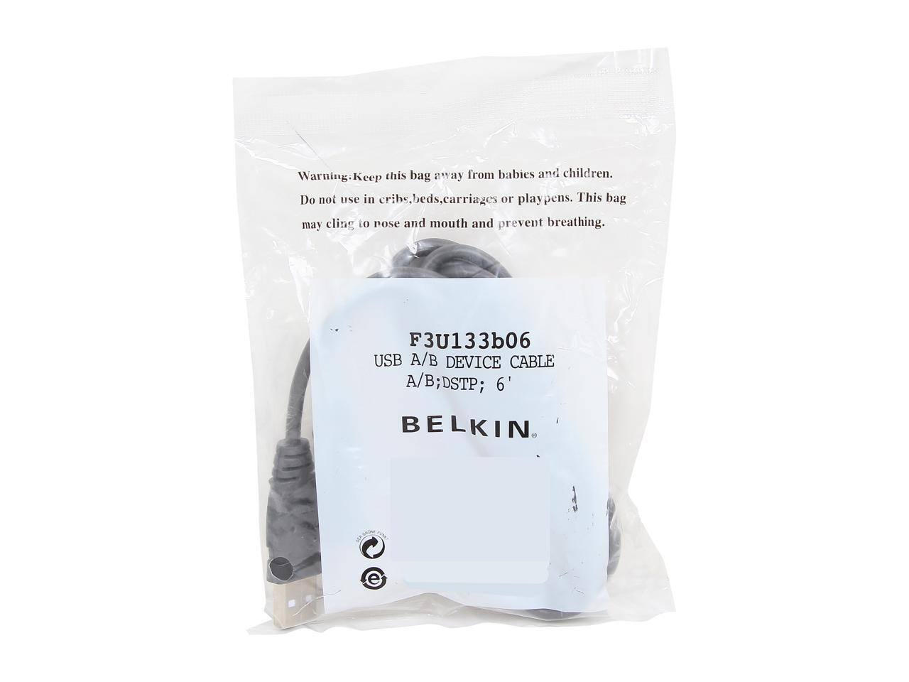 Warning. Keep this bag away from babies and children. Do not use in cribs, beds, carriages or playpens. This bag may cling to nose and mouth and prevent breathing. F3U133b06 USB A/B DEVICE CABLE A/B;DSTP; 6' BELKIN.