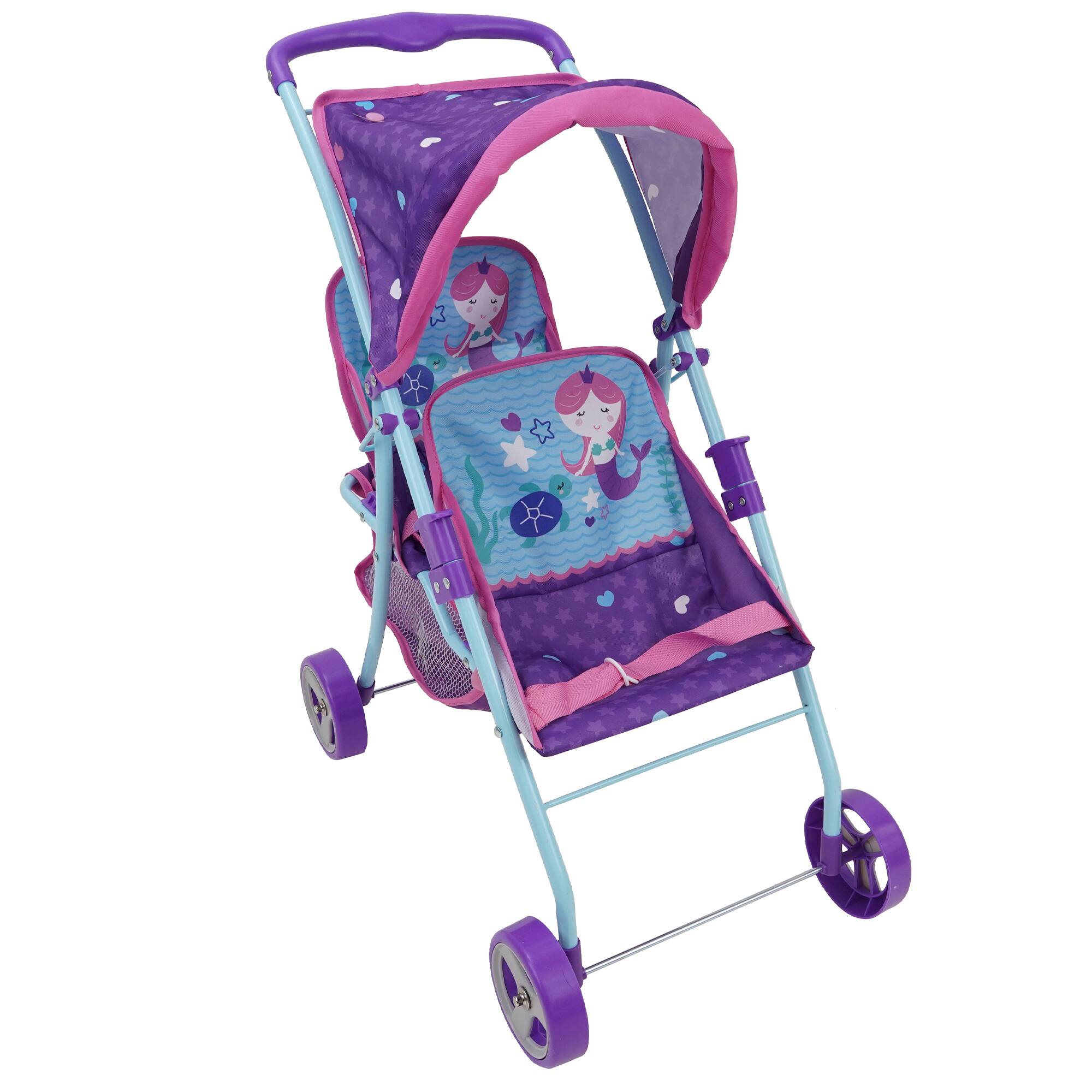 Angle. 509 Crew - 509: Mermaid Twin Doll Stroller W/ Retractable Canopy, 2 Seats.