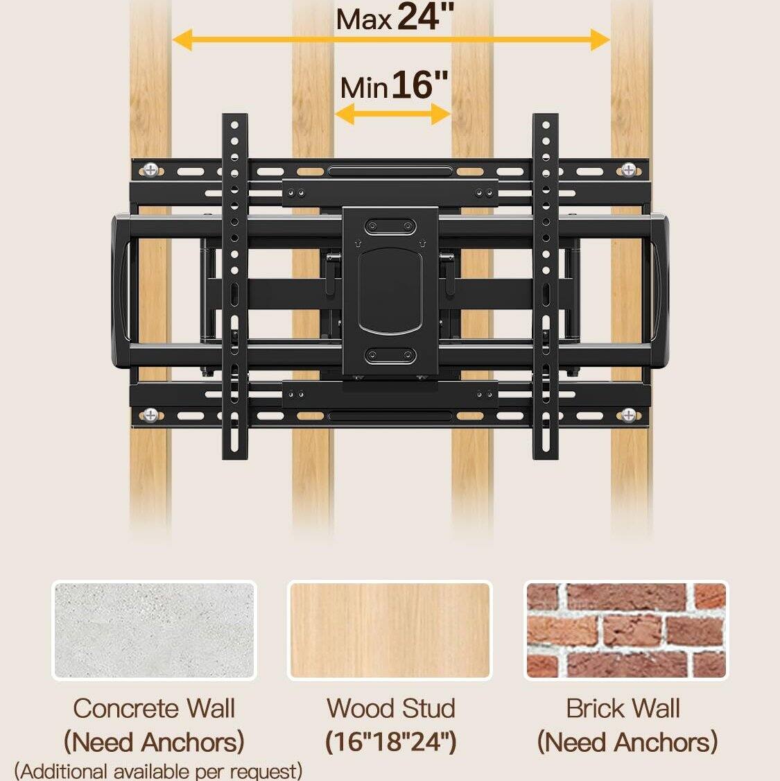 Max 24"  
Min 16"  

Concrete Wall (Need Anchors)  
Wood Stud (16"18"24") (Additional available per request)  
Brick Wall (Need Anchors)