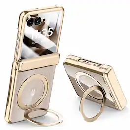 Dteck - for Motorola Razr Ultra 2026/2025 Case with Hinge Protection, Built-in Screen Cover Rotatable Magnetic Ring Stand - Gold